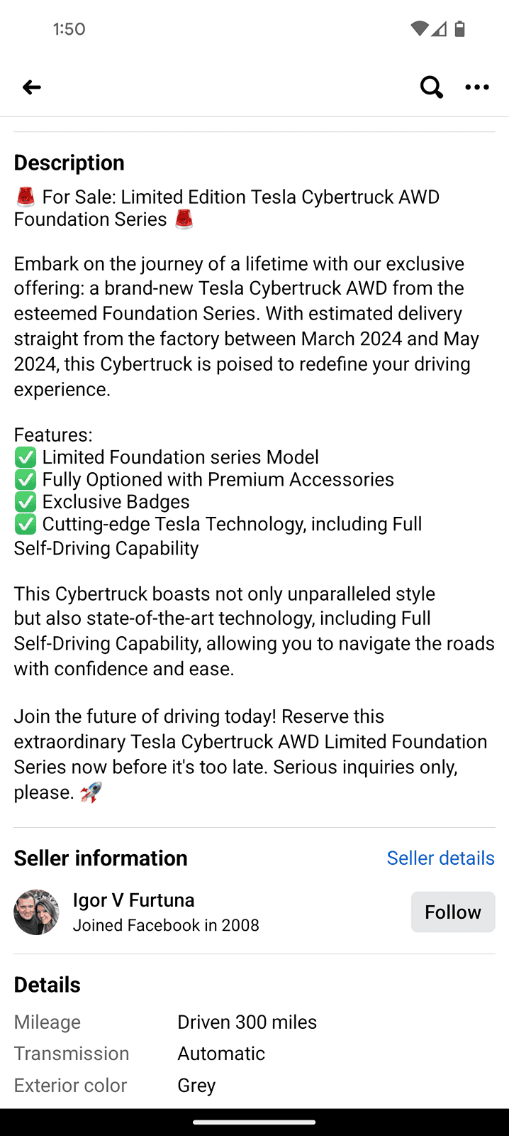 Tesla Cybertruck Someone trying to sell their reservation on Facebook marketplace for $270k. Screenshot_20240318-135037 (1)