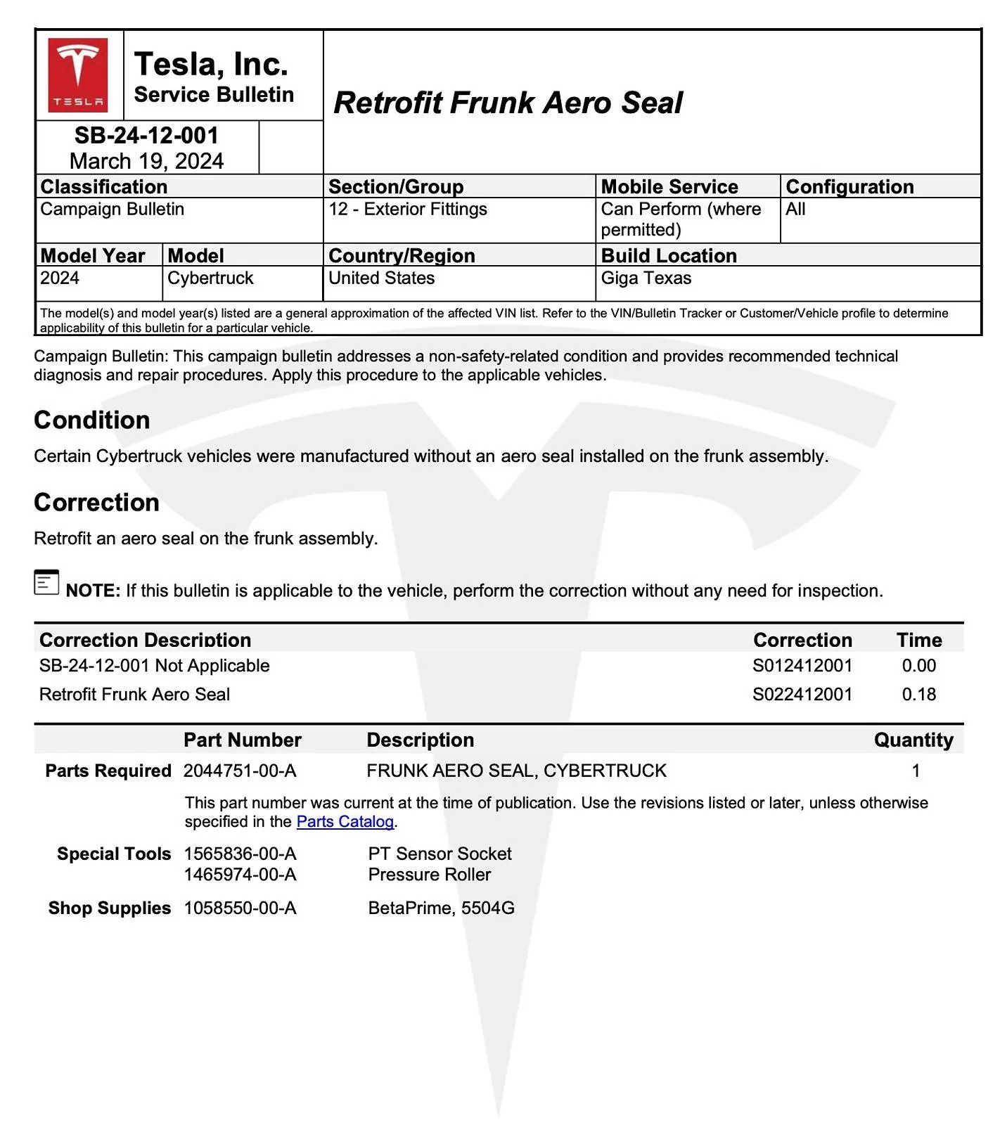 Tesla Cybertruck New TSB Service Bulletin - Frunk Seal (Retrofit Frunk Aero Seal) Frunk Seal (Retrofit Frunk Aero Seal) service bulletin tsb 4