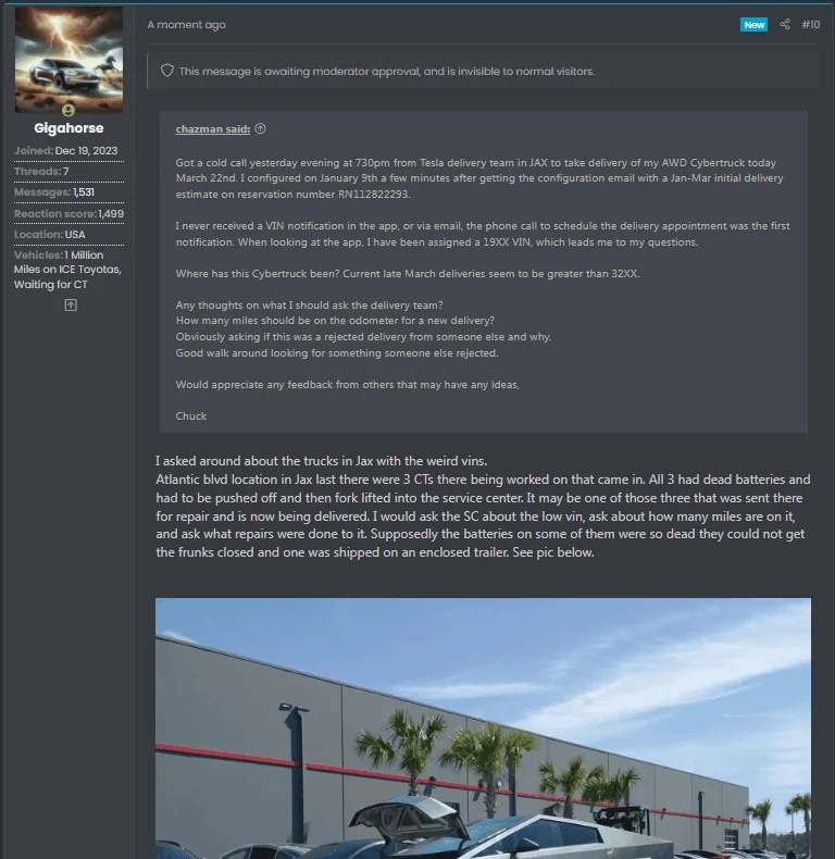 Tesla Cybertruck JAX Delivery Scheduled March 22 \ VIN 19XX Where has this truck been? zimage7727