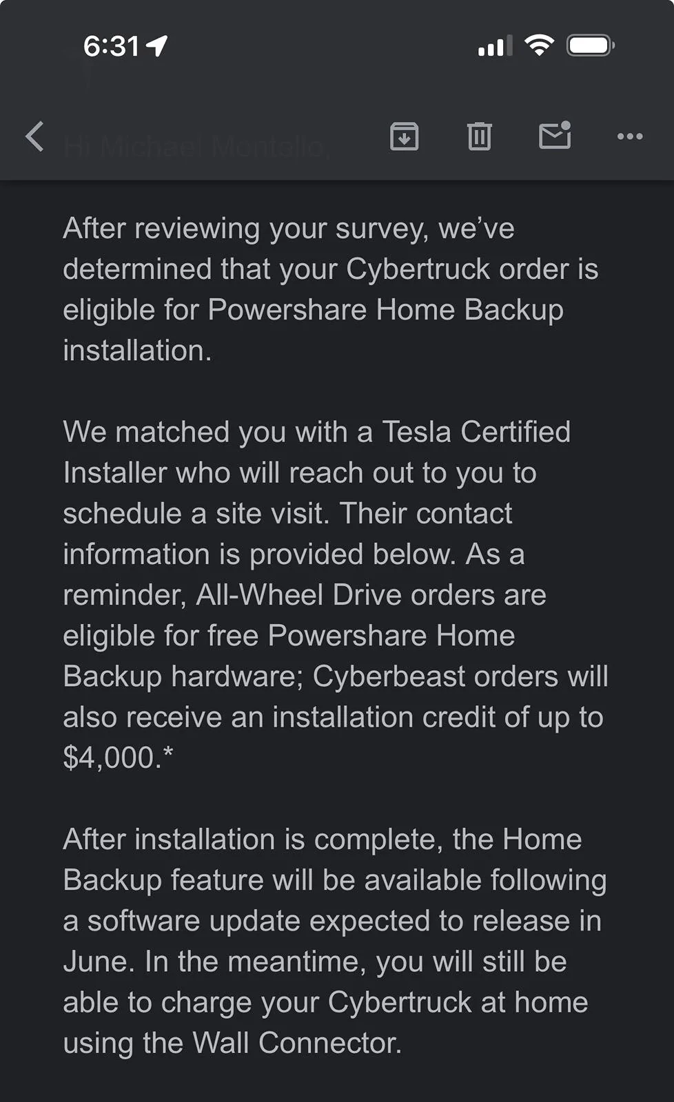 Tesla Cybertruck Received PowerShare email this morning pairing me with an installer IMG_2711