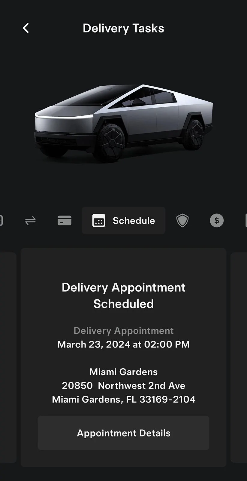 Tesla Cybertruck Florida Miami VIN allocated order 12/29, delivery 3/23 1000011980