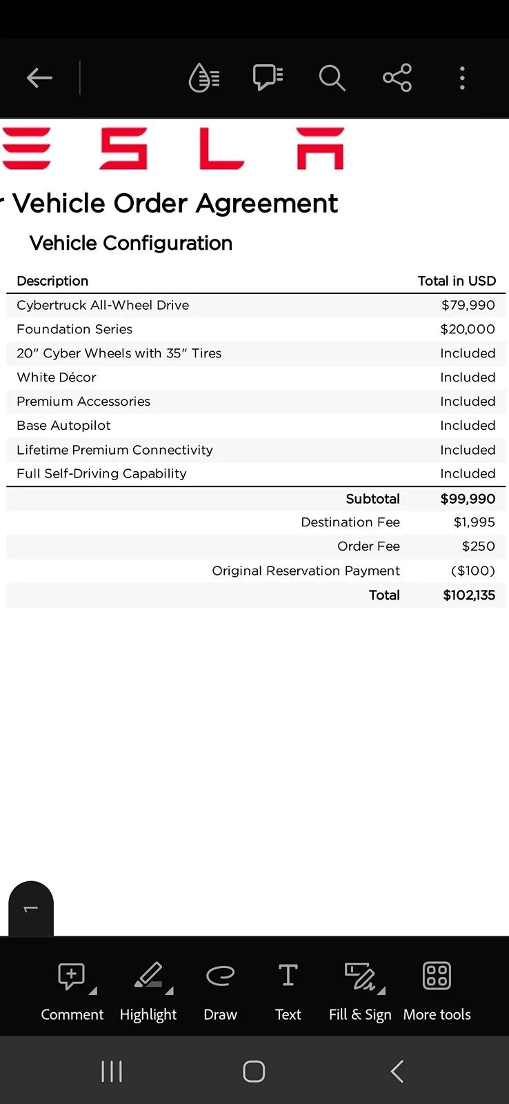 Tesla Cybertruck Differences in the Updated Order agreement. 1000016242