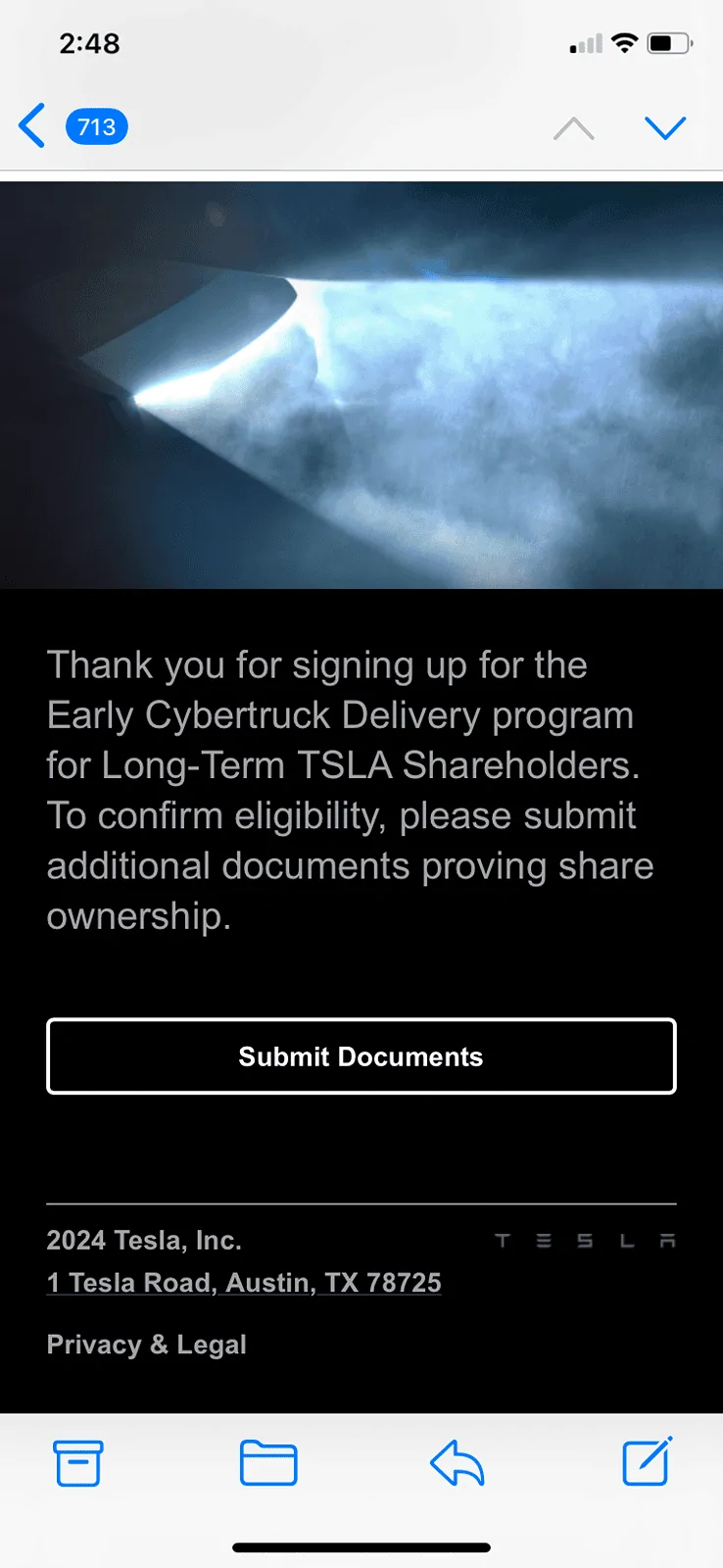 Tesla Cybertruck Early Delivery for long-term shareholders - eligibility confirmation emails now arriving! Get yours?! 📬 IMG_1653