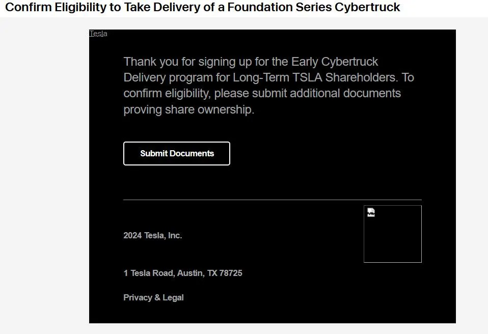 Tesla Cybertruck Status: Early Delivery FS Cybertruck For Long-Term TSLA Shareholder Tesla-001