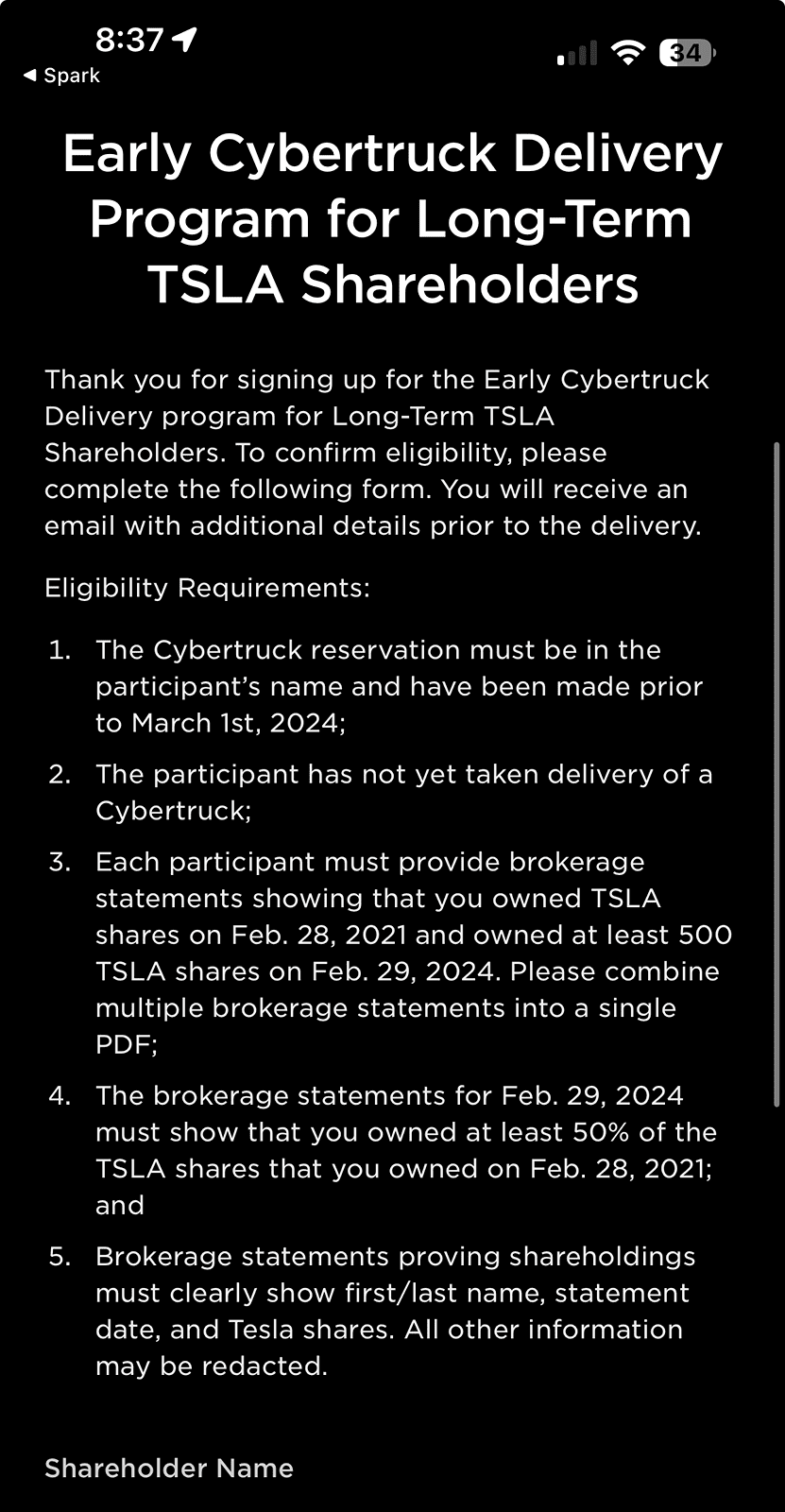 Tesla Cybertruck Early delivery of Foundation Series Cybertruck now available to long-term verified TSLA shareholder! 1711417103935-1x