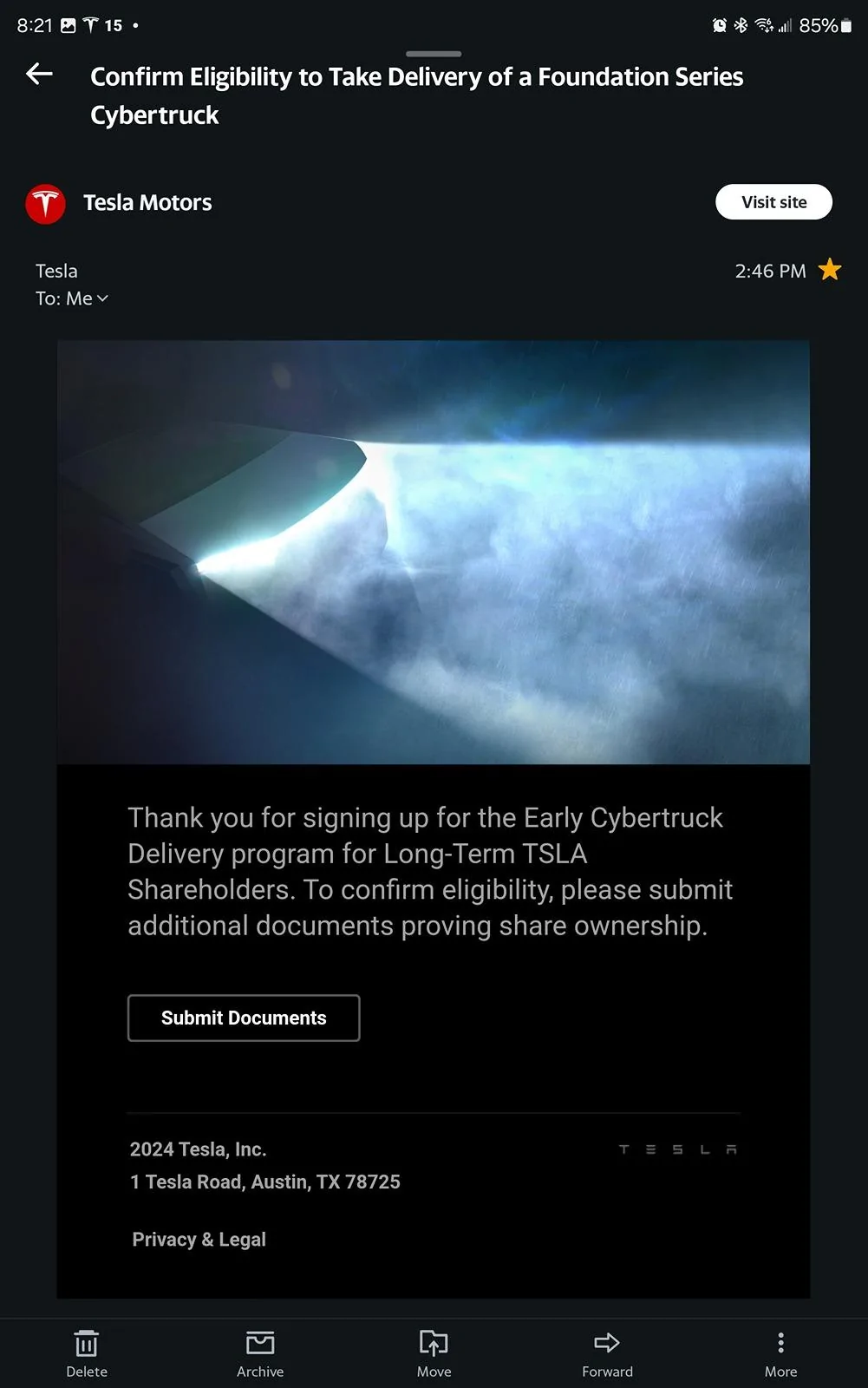 Tesla Cybertruck Early delivery of Foundation Series Cybertruck now available to long-term verified TSLA shareholder! Screenshot_20240325_202150_Yahoo Mail