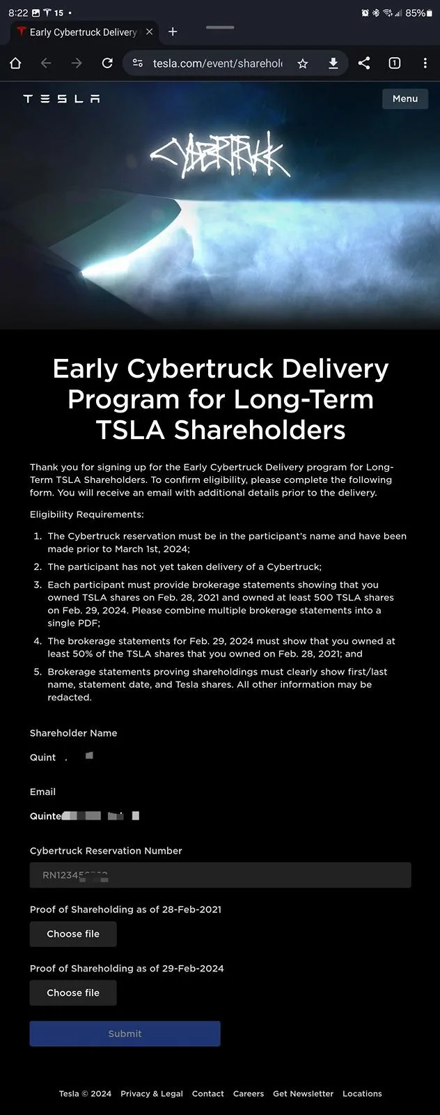 Tesla Cybertruck Early delivery of Foundation Series Cybertruck now available to long-term verified TSLA shareholder! Screenshot_20240325_202254_Chrom