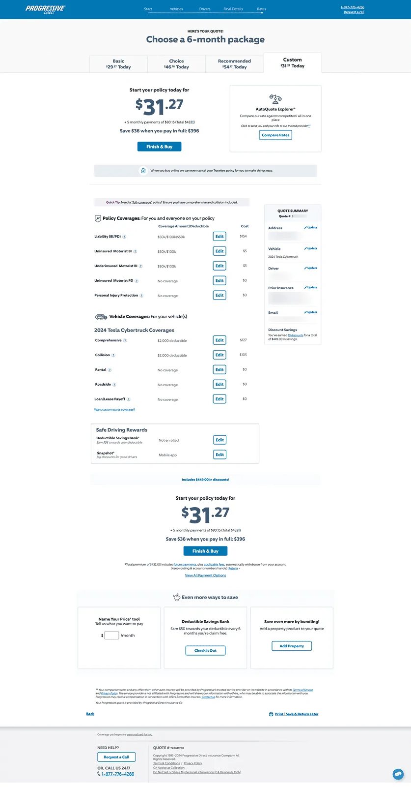 Tesla Cybertruck Lowest Insurance I've found screencapture-autoinsurance5-progressivedirect-1-UQA-Quote-RatePackageDetails-2024-03-27-10_3