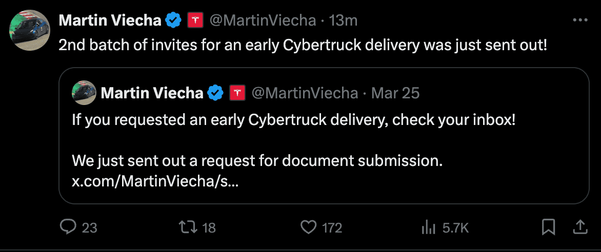 Tesla Cybertruck Early delivery of Foundation Series Cybertruck now available to long-term verified TSLA shareholder! 1711571414681-gh