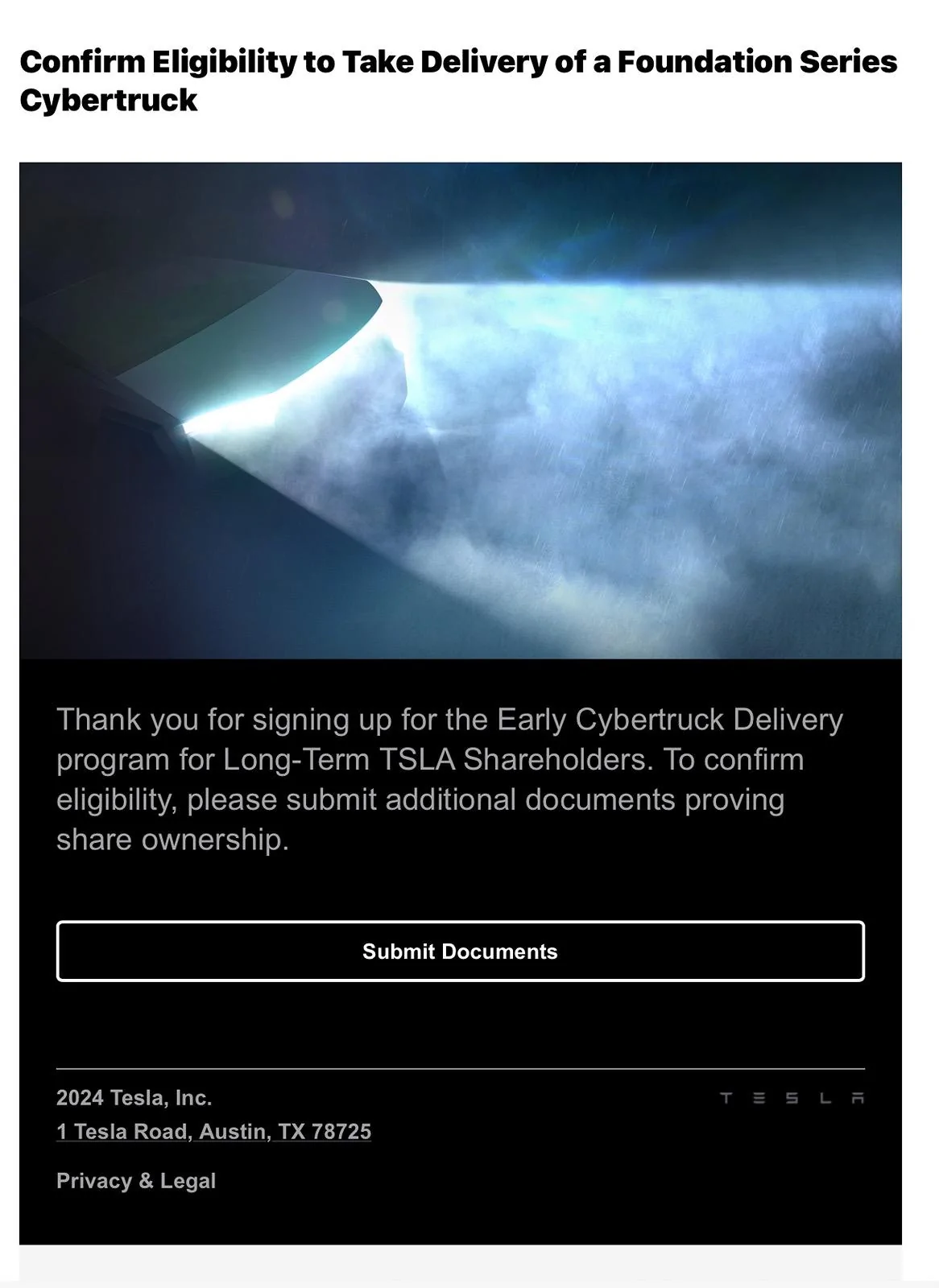 Tesla Cybertruck Early Delivery for long-term shareholders - eligibility confirmation emails now arriving! Get yours?! 📬 IMG_9243
