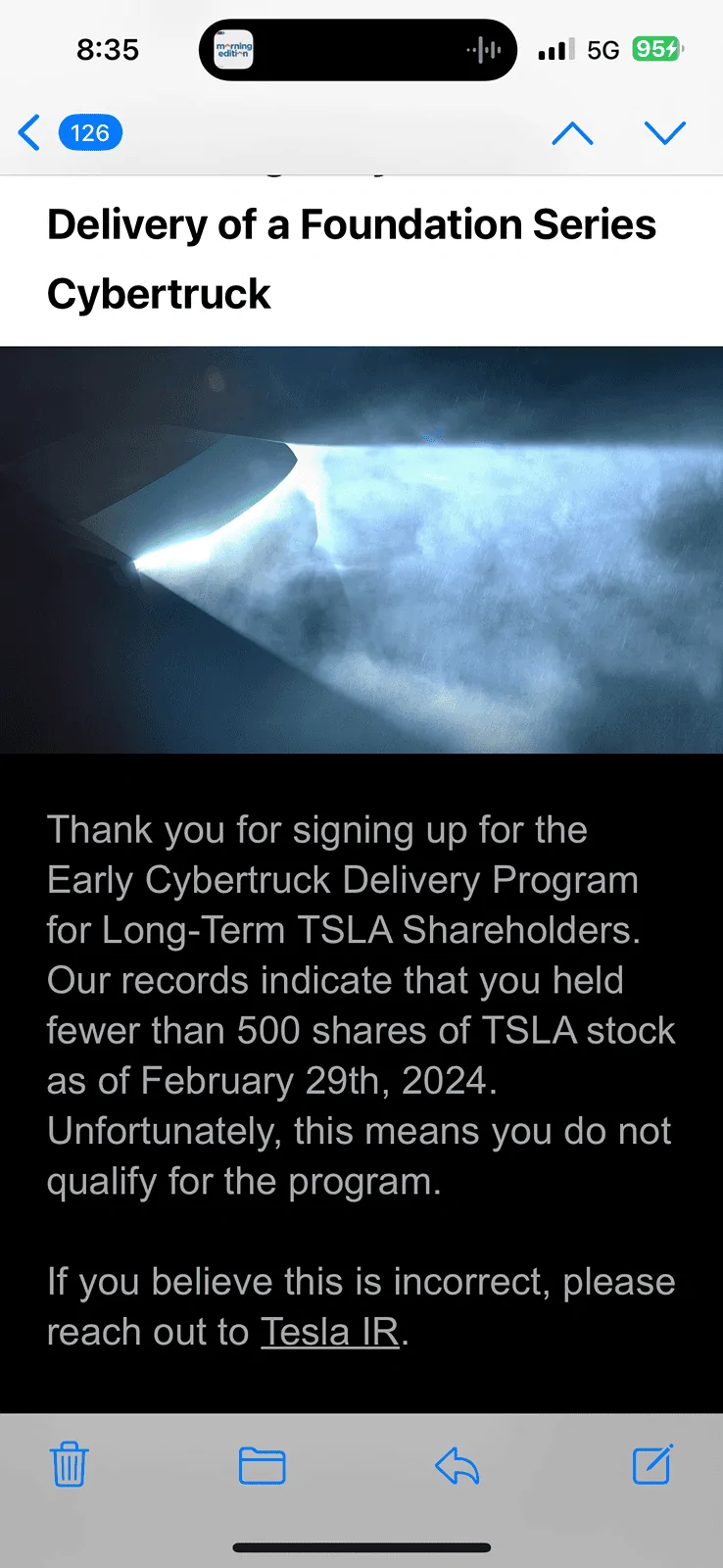 Tesla Cybertruck Long-term shareholders Early Delivery- eligibility email IMG_4687