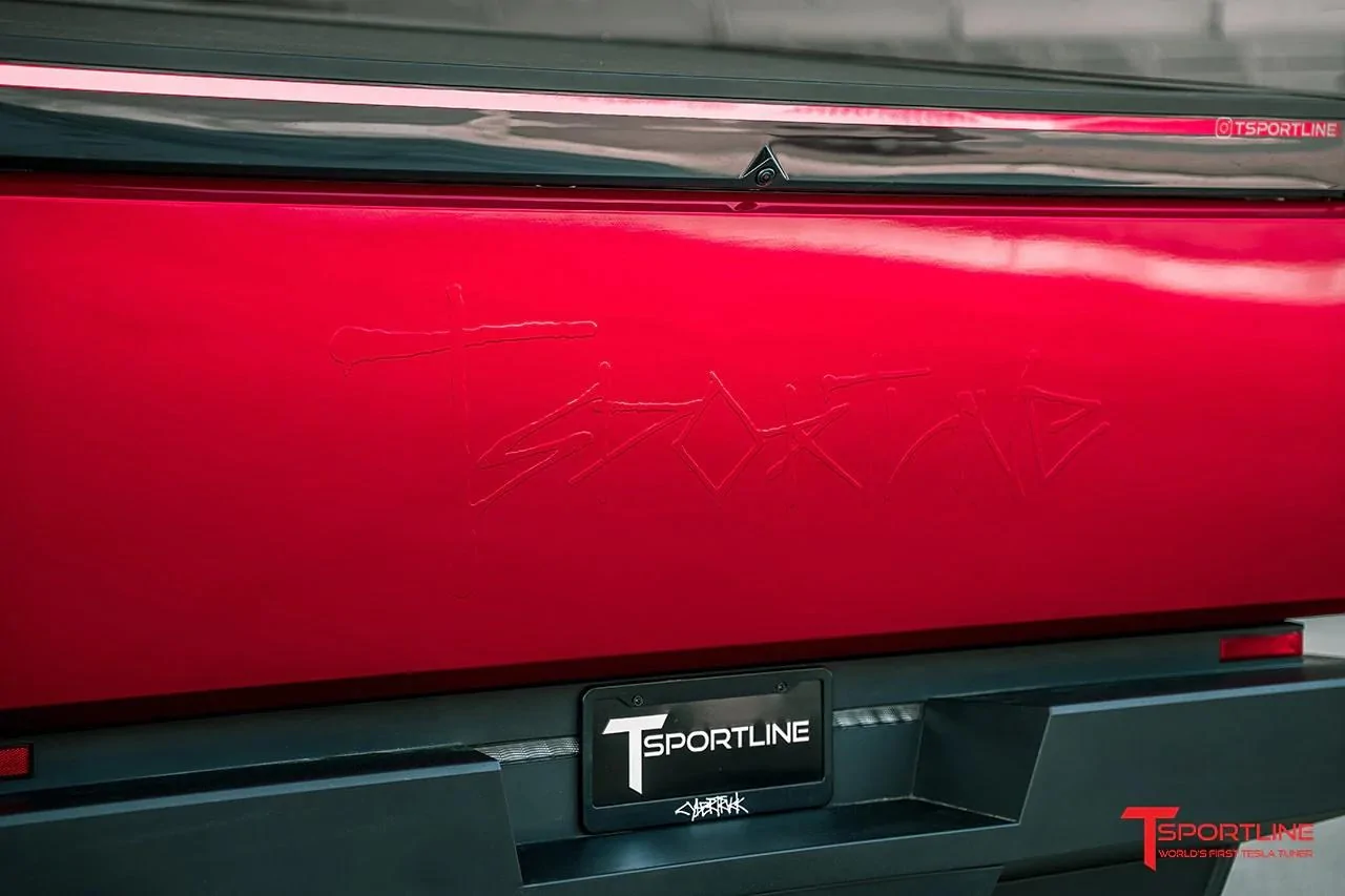 Tesla Cybertruck Custom plotted text using 'Cybertruck Font' - available now at TSportline.com cig-cozy-gallery-11917WQ8-uber-red-tesla-cybertruck-wrap-aftermarket-wheels-24-inch-ctm-satin