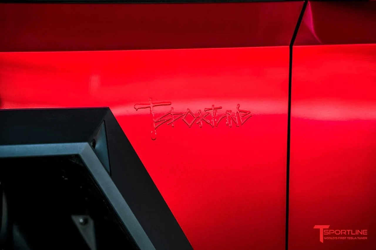 Tesla Cybertruck Custom plotted text using 'Cybertruck Font' - available now at TSportline.com cig-cozy-gallery-11917HGD-uber-red-tesla-cybertruck-wrap-aftermarket-wheels-24-inch-ctm-satin