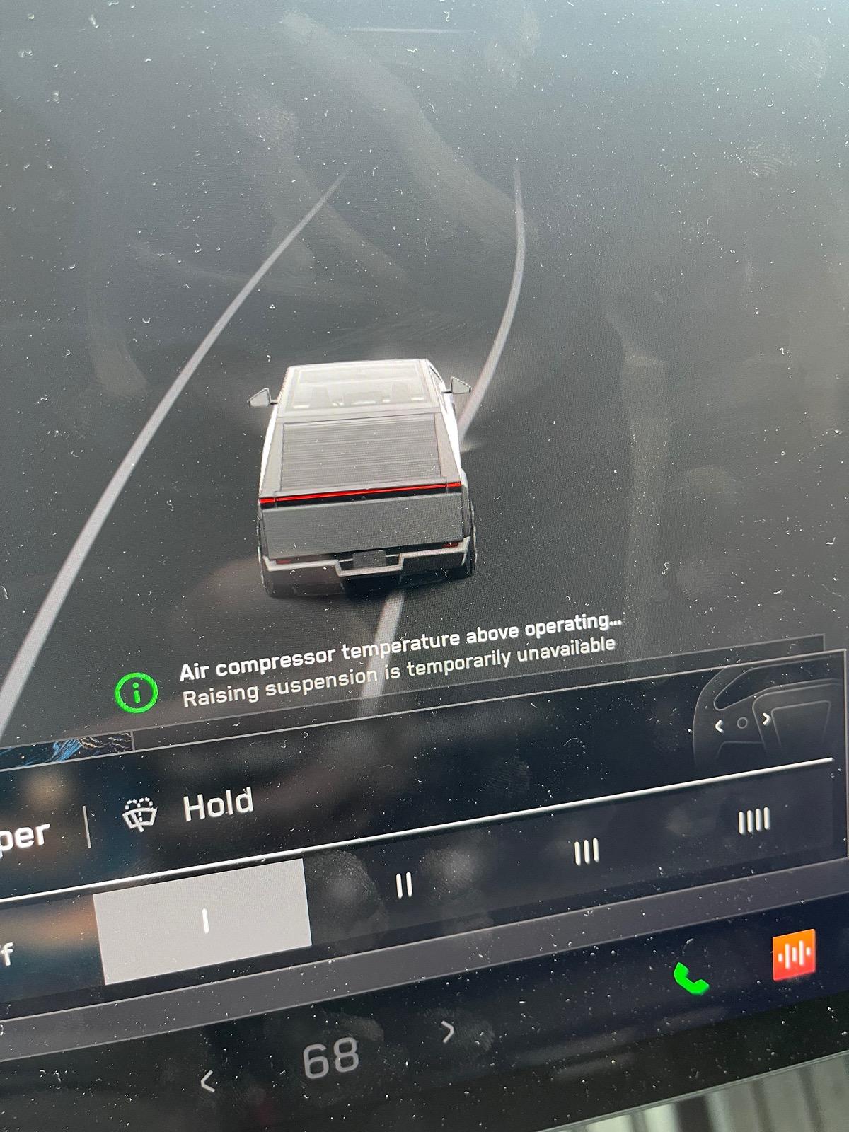 Tesla Cybertruck Cyberbeast issue message: “Air suspension unable to raise” and “Air compressor temperature above operating..." IMG_4366