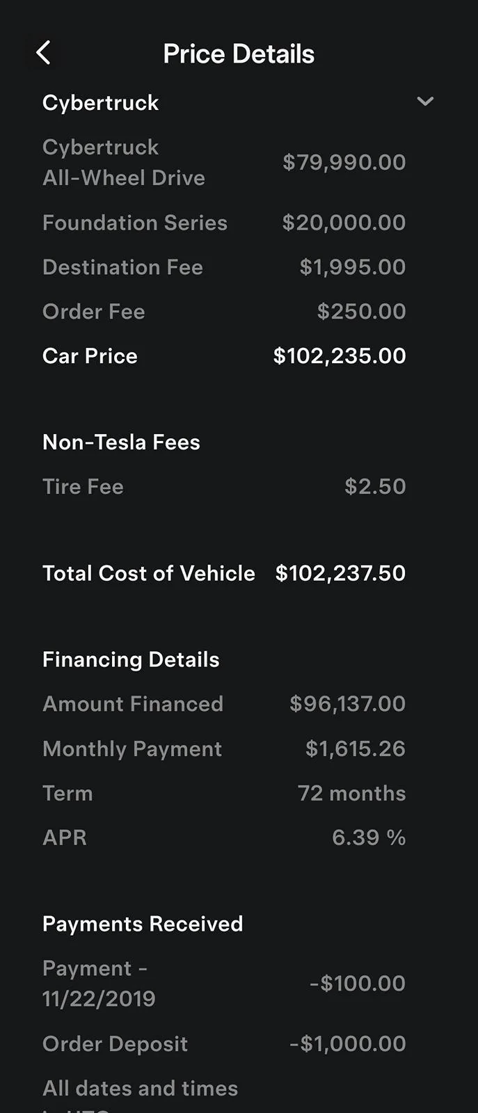 Tesla Cybertruck My Cybertruck loan - $100k @  5.94% interest rate / 72 months Screenshot_20240401_144702_Tesla