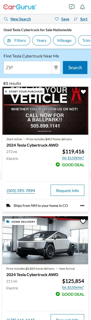 Tesla Cybertruck Flippers are done! 150+ Cybertruck for-sale listings 45234523674462024