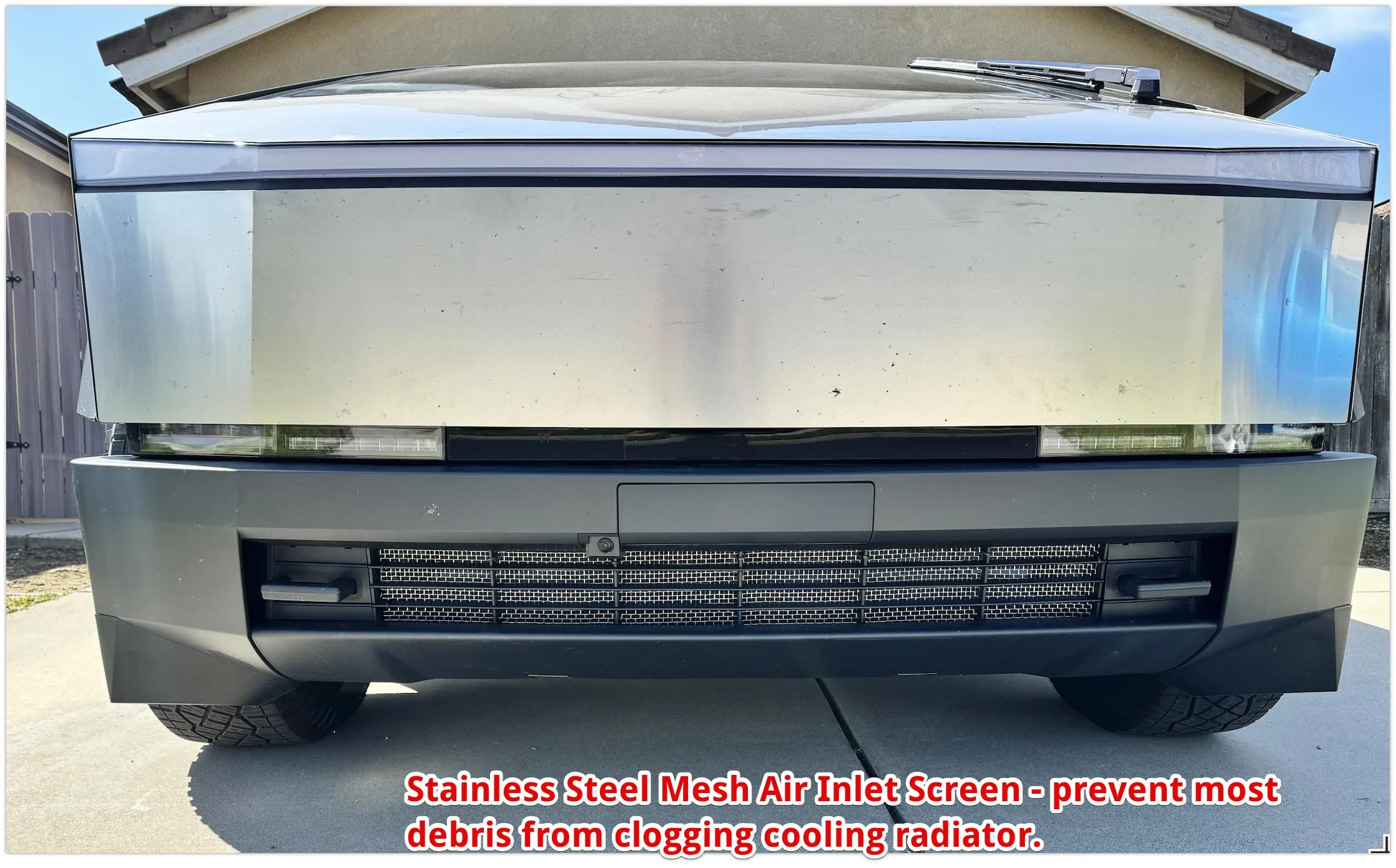 Tesla Cybertruck Stainless Steel Inlet, Calipers Painted, Blk lugs & Center Cap, Fluid washer cap gasket issue. Stainless Steel Inlet mesh