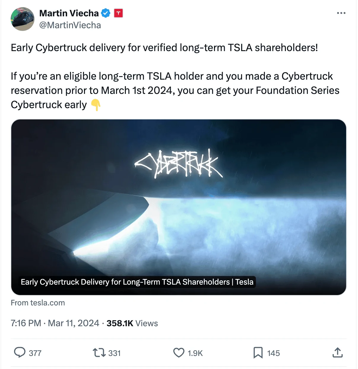 Tesla Cybertruck Update on "Early Delivery for Long-Term Shareholders" Program 1712772188763-tz