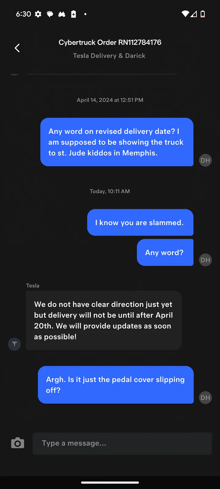 Tesla Cybertruck Got a text from Tesla will be at least the 20th before my cancelled pickup time will be restored. Screenshot_20240415-183011