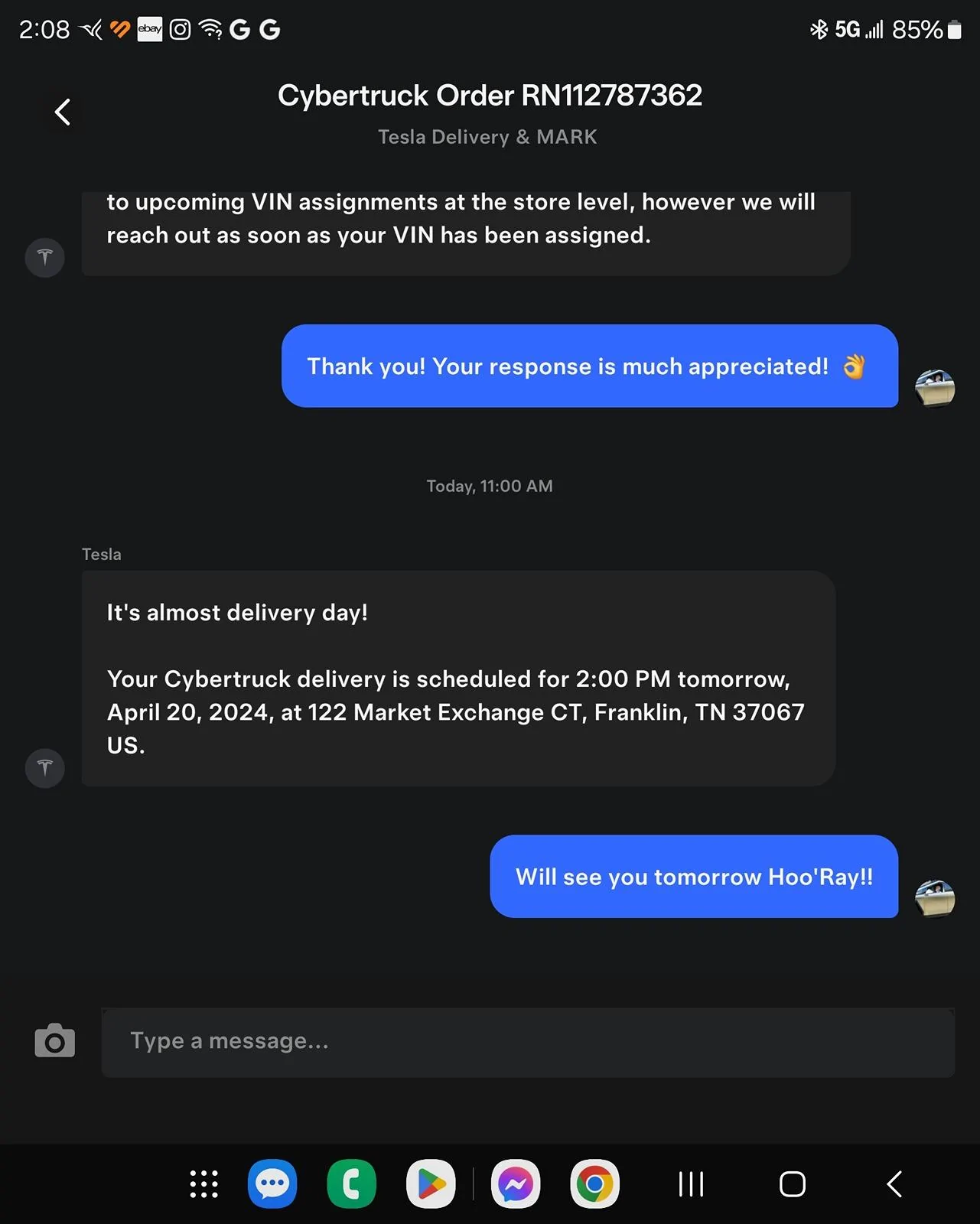 Tesla Cybertruck Cybertruck Delivery Hold Until April 23 -- Tesla Dealership Associate Screenshot_20240419_140807_Tesla