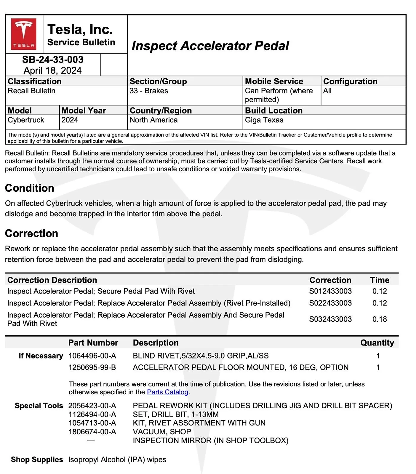 Tesla Cybertruck Official Service Bulletin - “Inspect Accelerator Pedal” (instructions for Service Center fix) cybertruck accelerator pedal fix