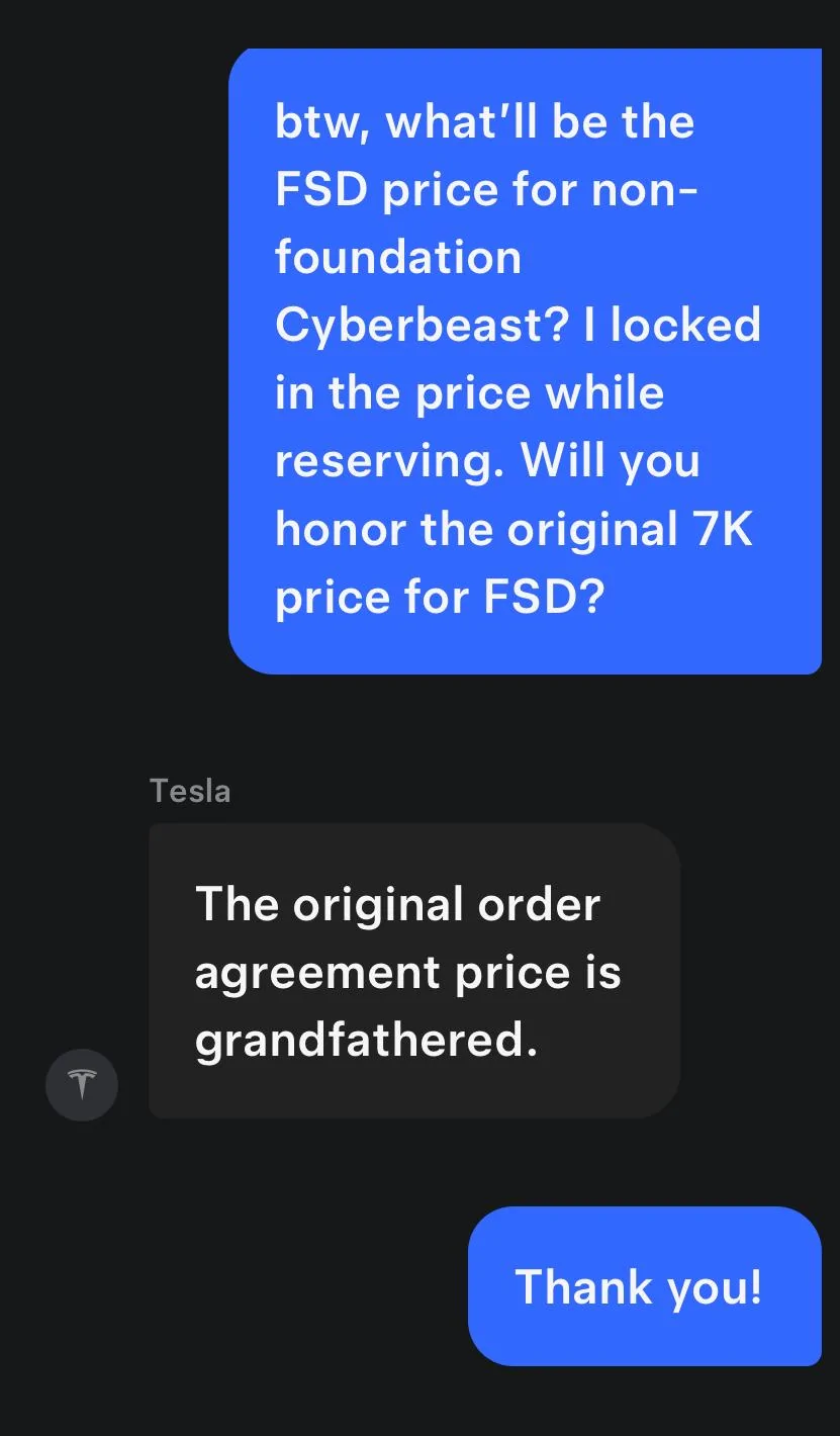 Tesla Cybertruck FSD just got $4k discount.  I take delivery on Friday.  Any possibility of us seeing that $4k? IMG_0381