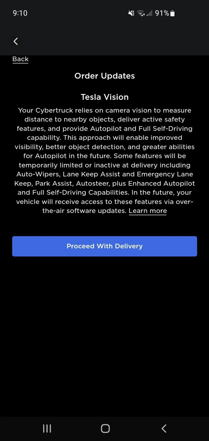 Tesla Cybertruck Acknowledgement of lacking features predelivery Screenshot_20240423-091032_Tesla