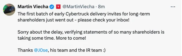 Tesla Cybertruck Early delivery of Foundation Series Cybertruck now available to long-term verified TSLA shareholder! 1714175923238-t
