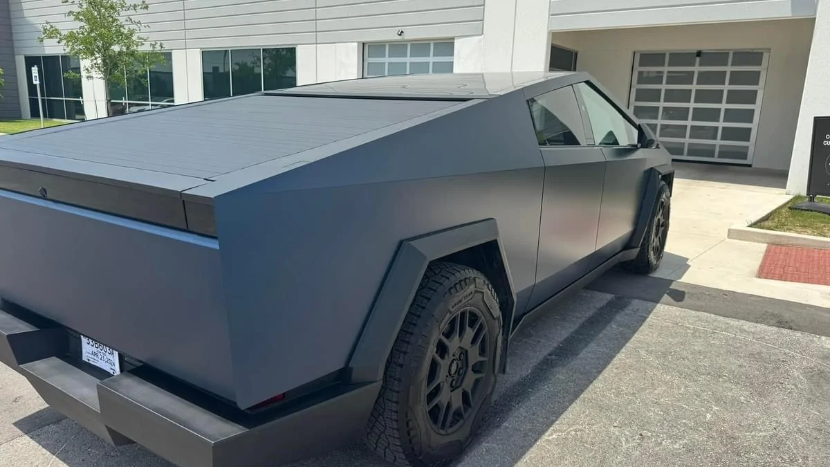 Tesla Cybertruck Official Tesla Satin Abyss Blue PPF color paint film wrap - first look Satin Abyss Blue PPF color wrap Cybertruck 2