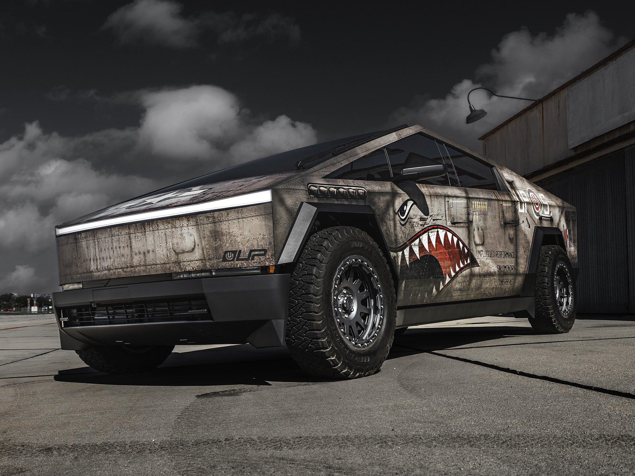 Tesla Cybertruck Shark Mouth P-51 Mustang Bomber custom wrap & modified Cybertruck (CyberBeast) by Unplugged Performance 🫡 GMs2K-HbAAAXQhN