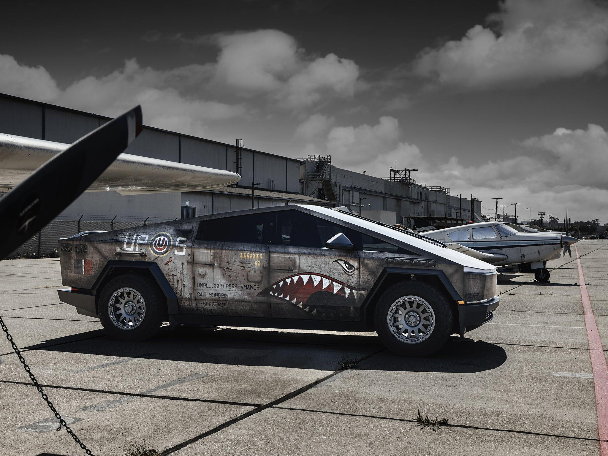 Tesla Cybertruck Shark Mouth P-51 Mustang Bomber custom wrap & modified Cybertruck (CyberBeast) by Unplugged Performance 🫡 GMrRHABasAEnOOI