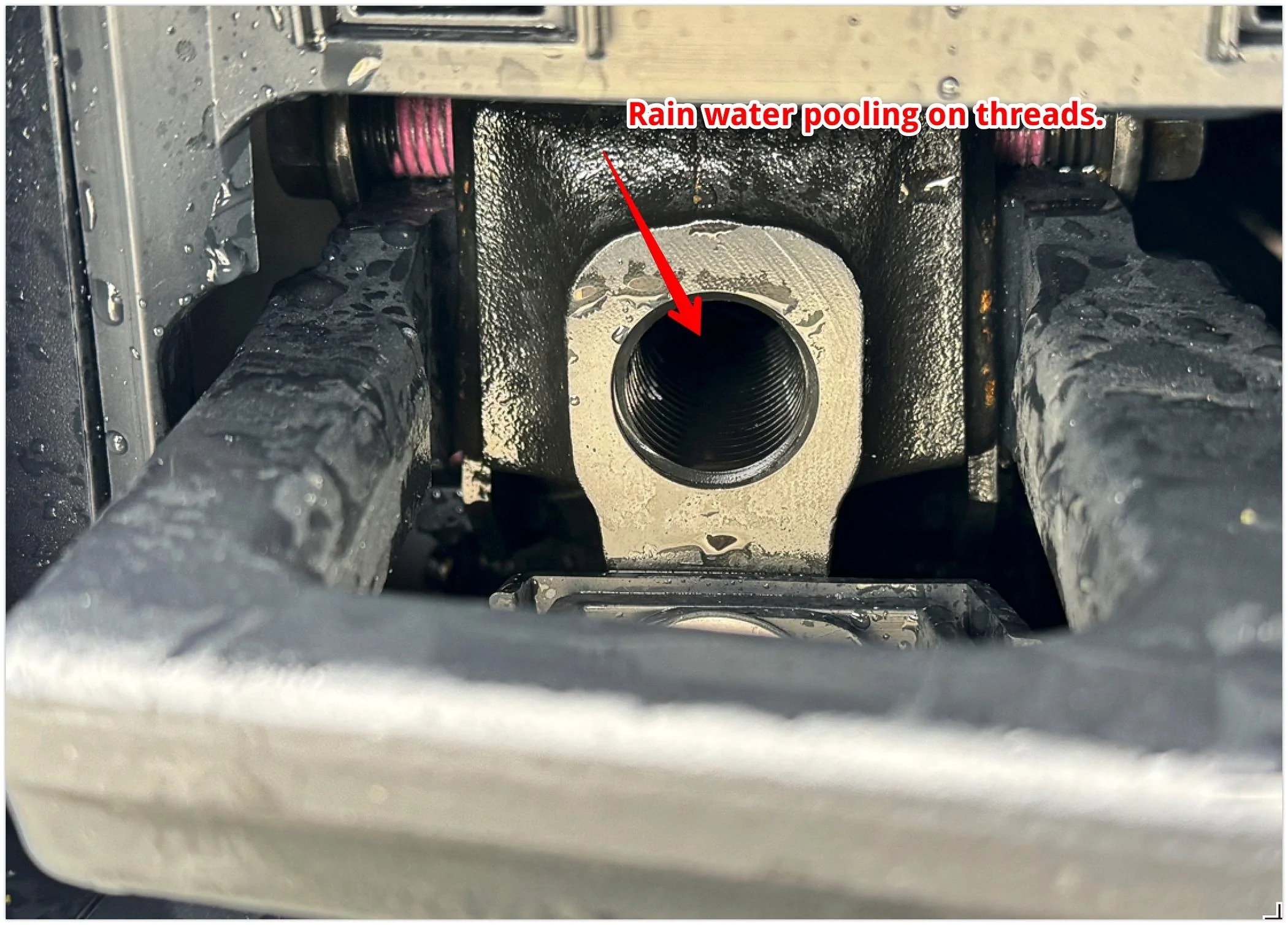Tesla Cybertruck Tow hook threads are exposed pooling water on threads