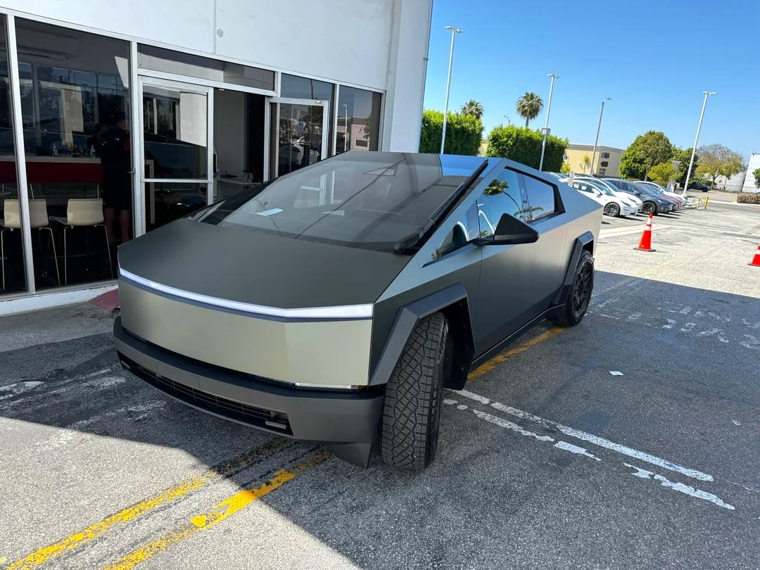 Tesla Cybertruck Satin Forest Green Color Wrap on Cybertruck - First Installed Look Tesla Cybertruck Satin Forest Green Color Wrap 4