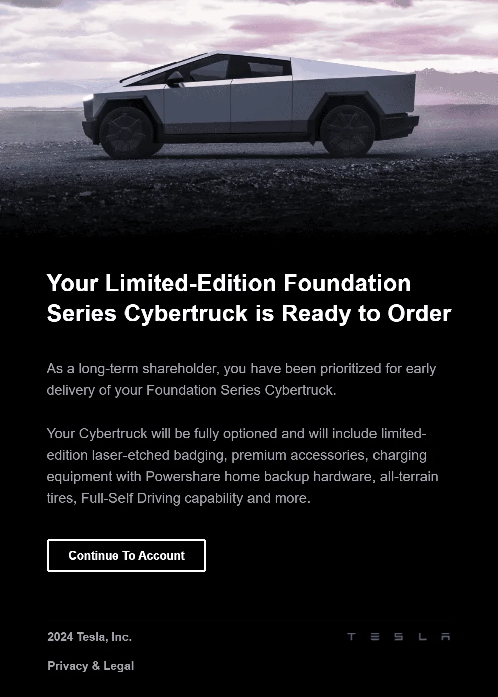 Tesla Cybertruck Early Delivery for long-term shareholders - eligibility confirmation emails now arriving! Get yours?! 📬 1715384651022-7
