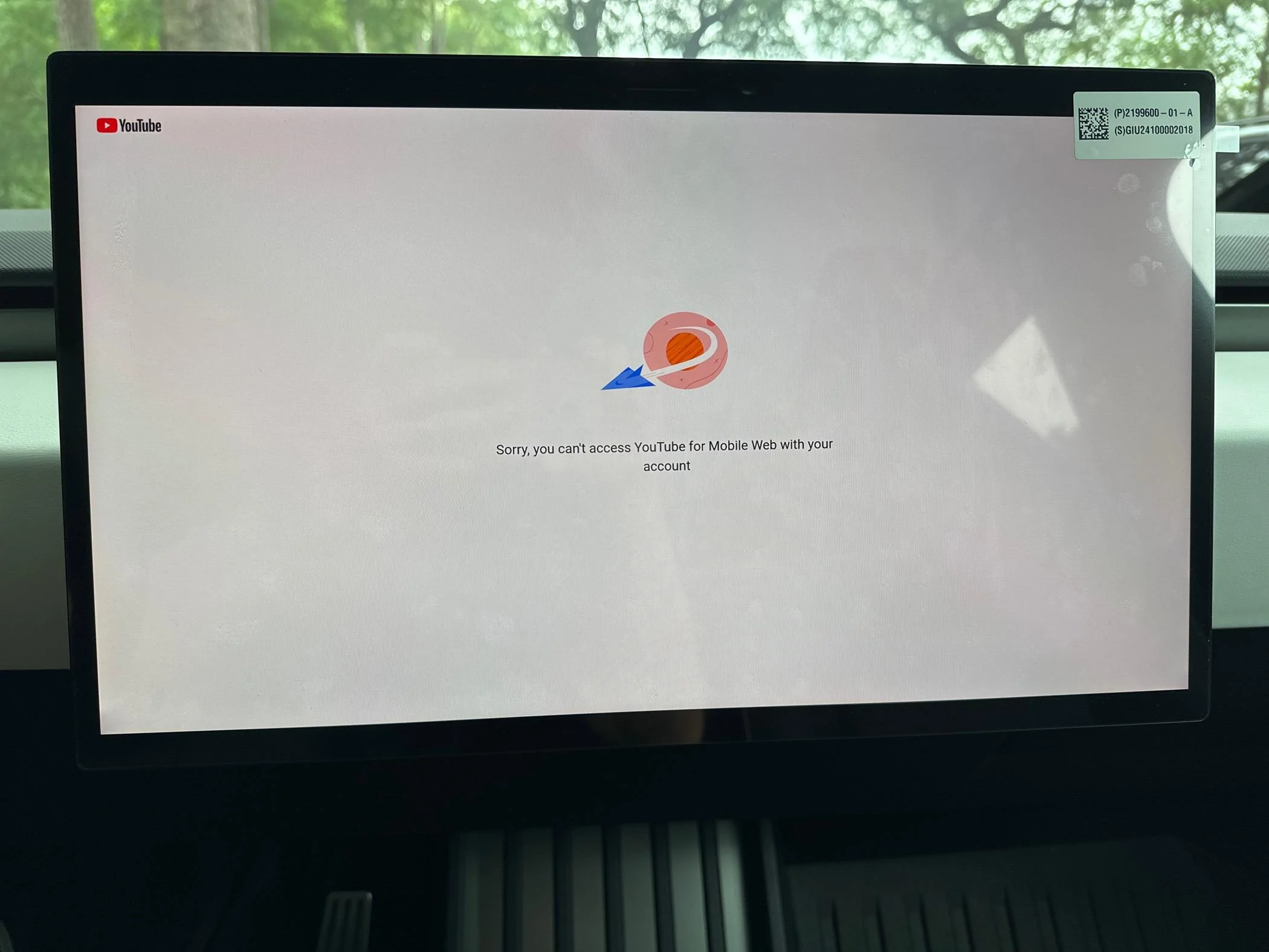 Tesla Cybertruck YouTube Access : "Sorry, you can't access YouTube for Mobile Web with your account" imag