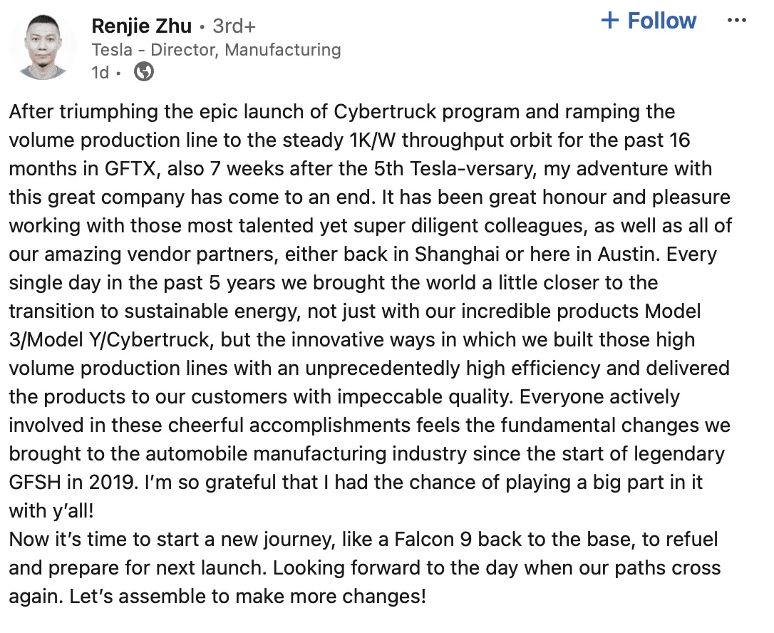 Tesla Cybertruck Director of Cybertruck manufacturing has left Tesla 1715629413102-uz