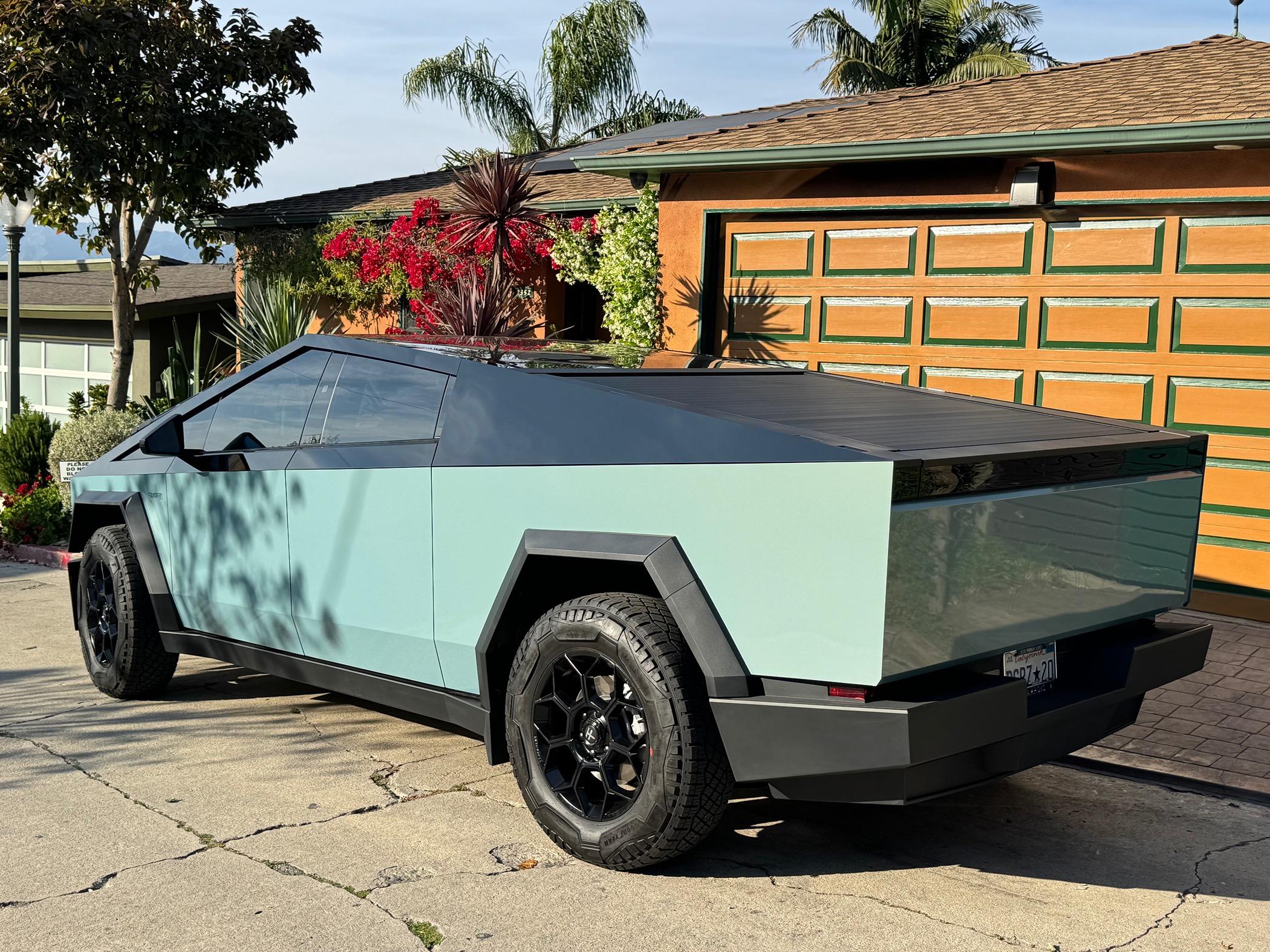 Tesla Cybertruck Two weeks = Two tone wrap (Inozetek Gloss Black / Bamboo) + T Sportline CT7 wheels.  I love it…. IMG_6965