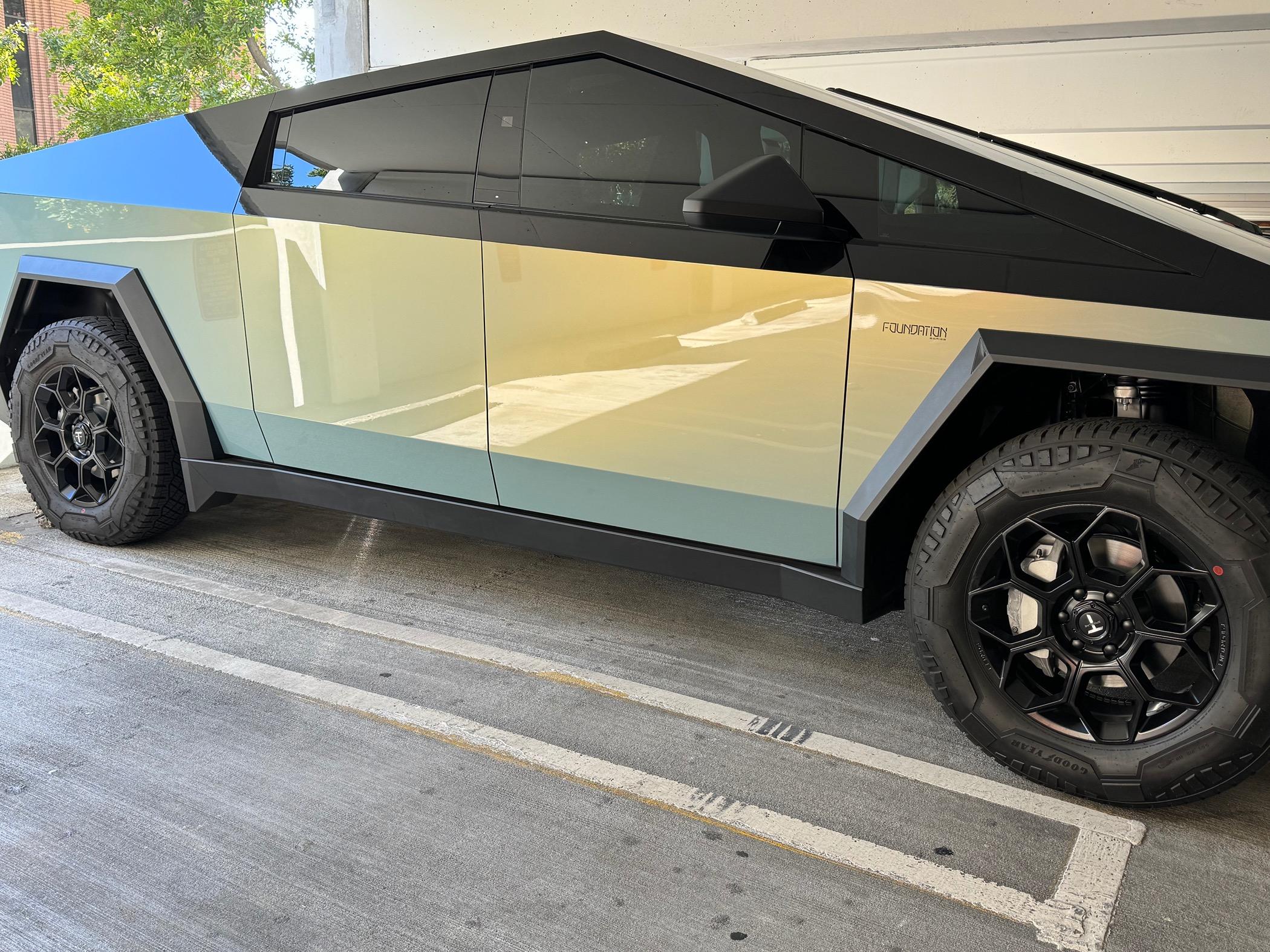 Tesla Cybertruck Two weeks = Two tone wrap (Inozetek Gloss Black / Bamboo) + T Sportline CT7 wheels.  I love it…. IMG_6992