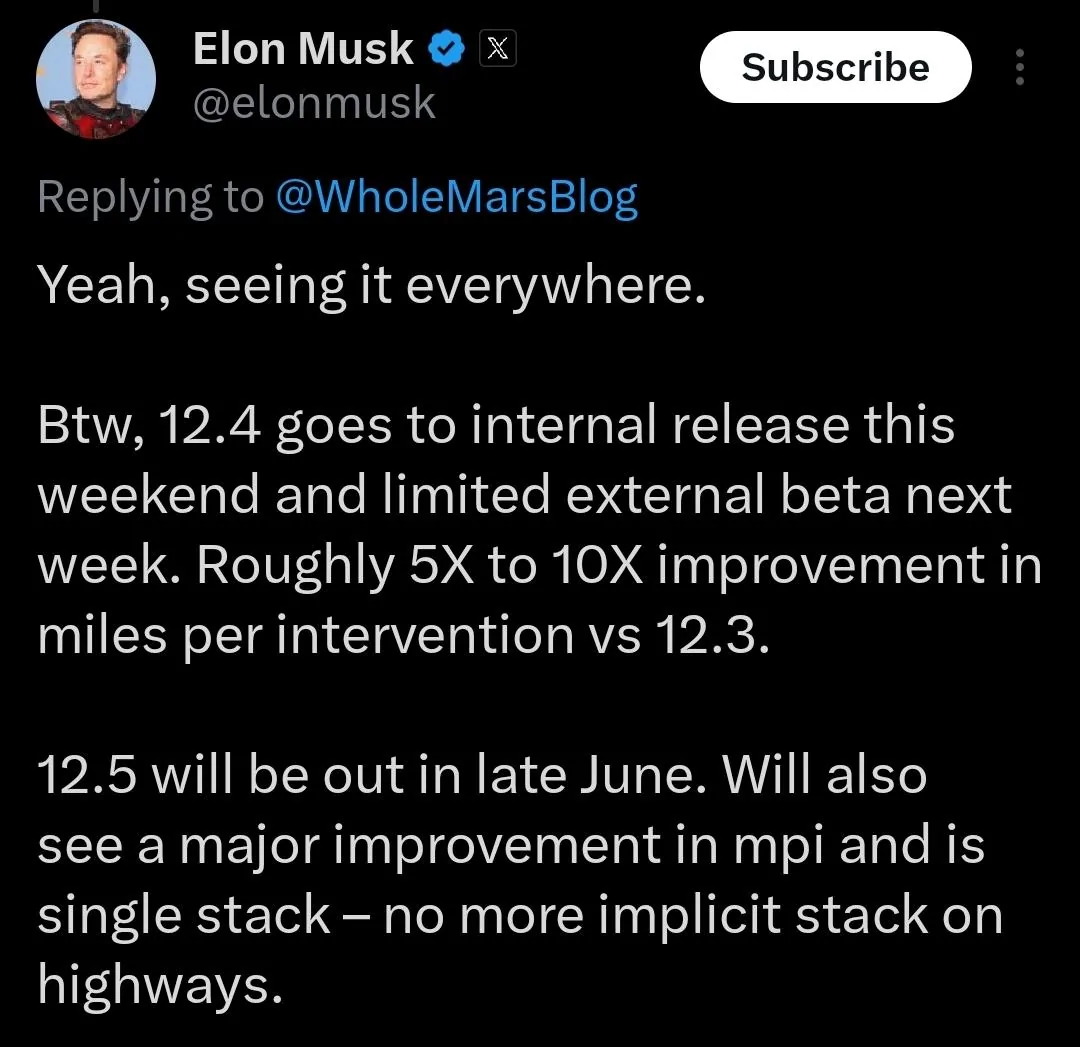 Tesla Cybertruck FSD 12.5 Debut Expected Late June for Cybertruck! Screenshot_20240515_021855_X