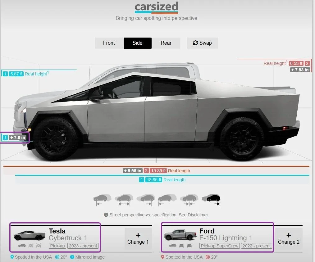 Tesla Cybertruck Compare overlayed [side] dimensions with other trucks or cars - carsized XH4JRE2