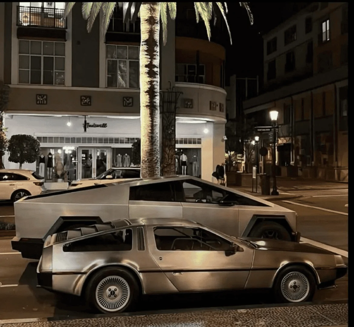 Tesla Cybertruck Cybertruck and Delorean side by side 1715960568505-of
