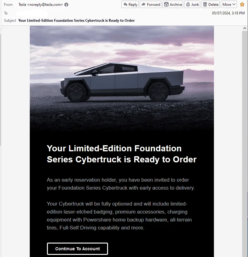 Tesla Cybertruck Early delivery of Foundation Series Cybertruck now available to long-term verified TSLA shareholder! 1716232317818-zd