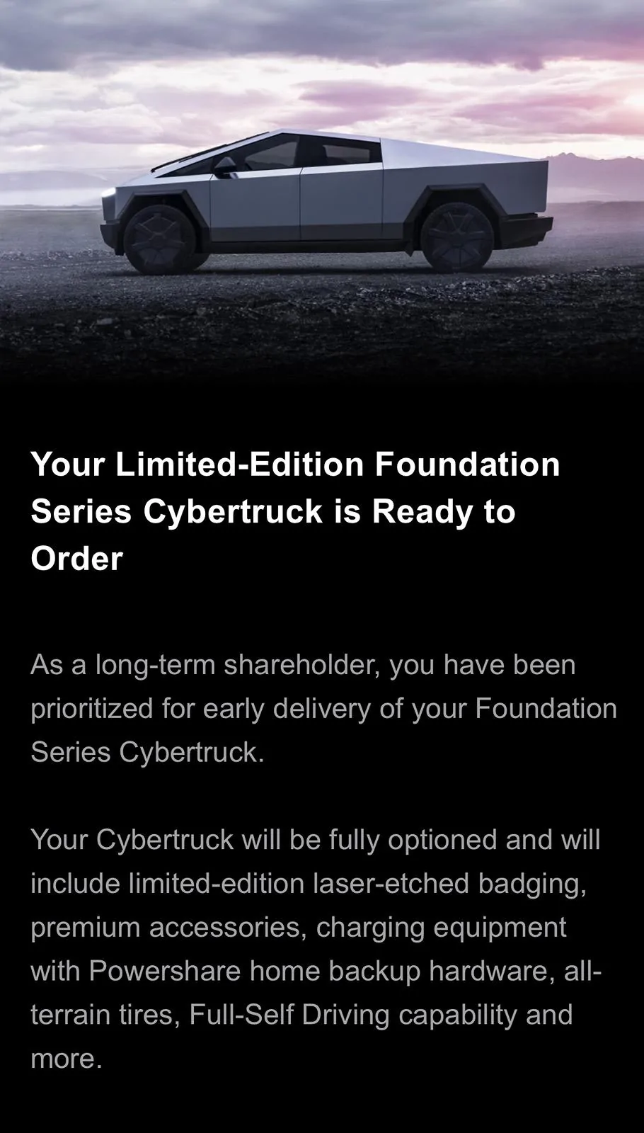 Tesla Cybertruck Early delivery of Foundation Series Cybertruck now available to long-term verified TSLA shareholder! IMG_1212