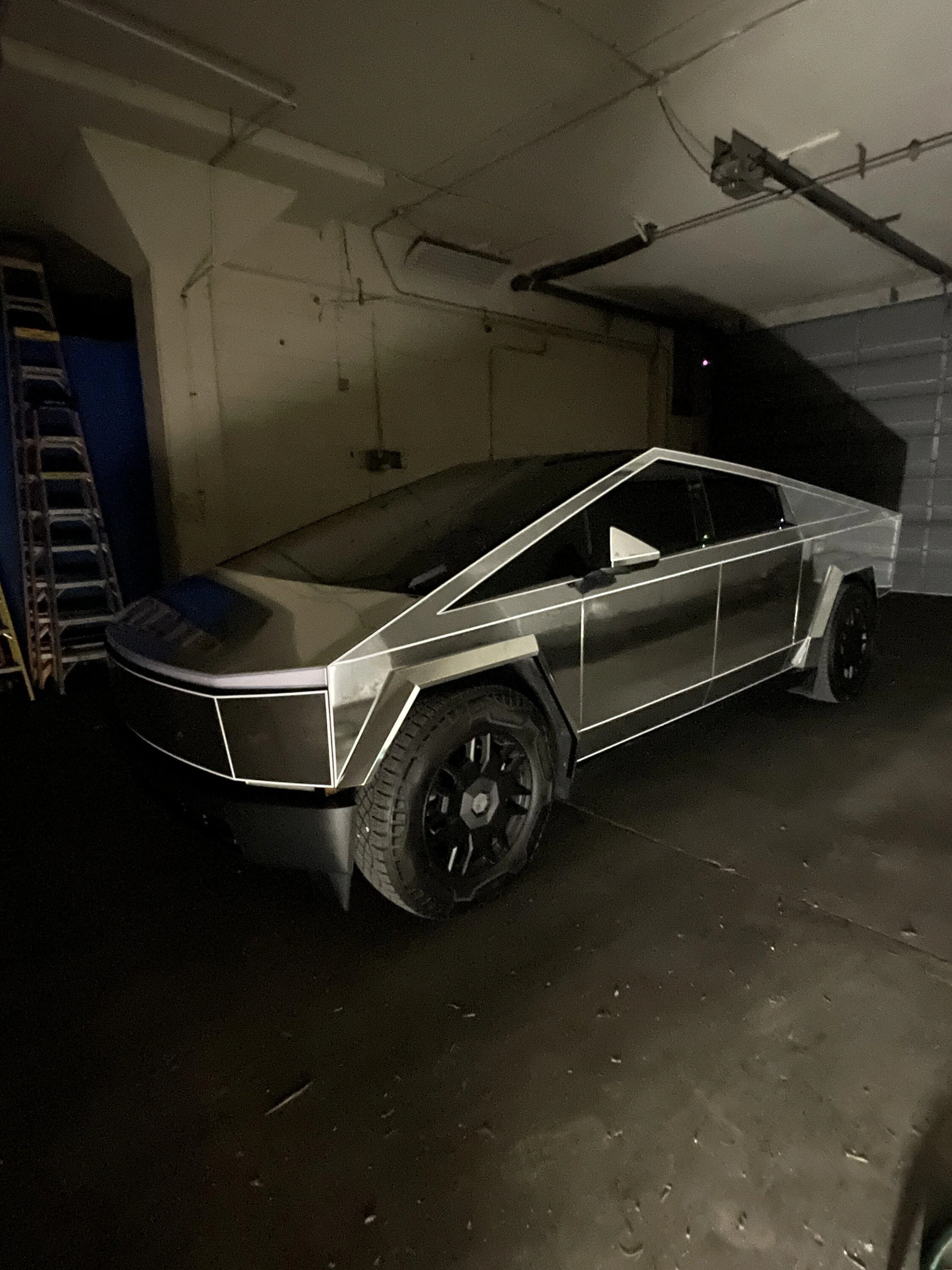 Tesla Cybertruck Chrome Wrap & Tron Reflective Pinstripes - night time pics IMG_7333