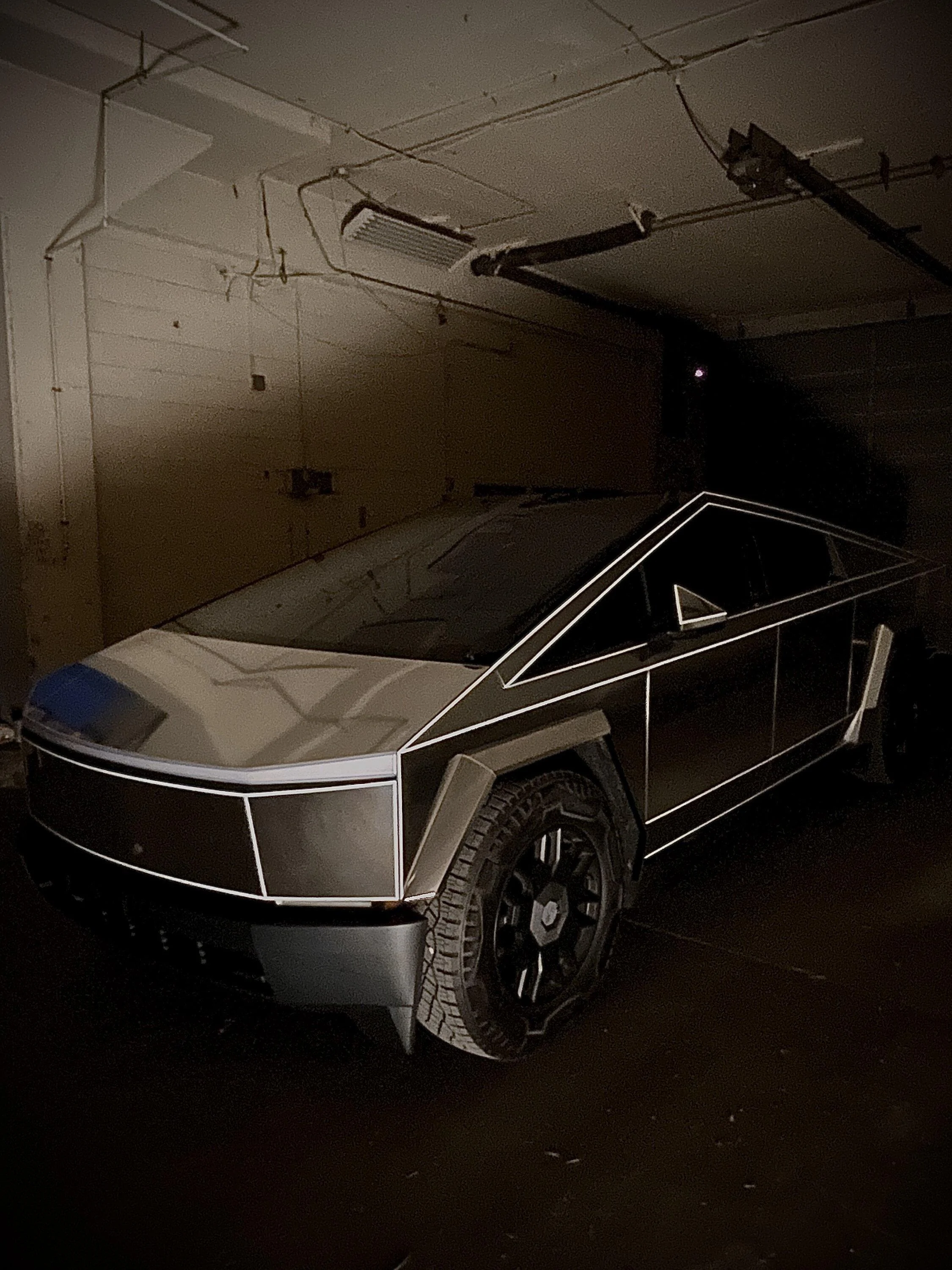 Tesla Cybertruck Chrome Wrap & Tron Reflective Pinstripes - night time pics IMG_7326