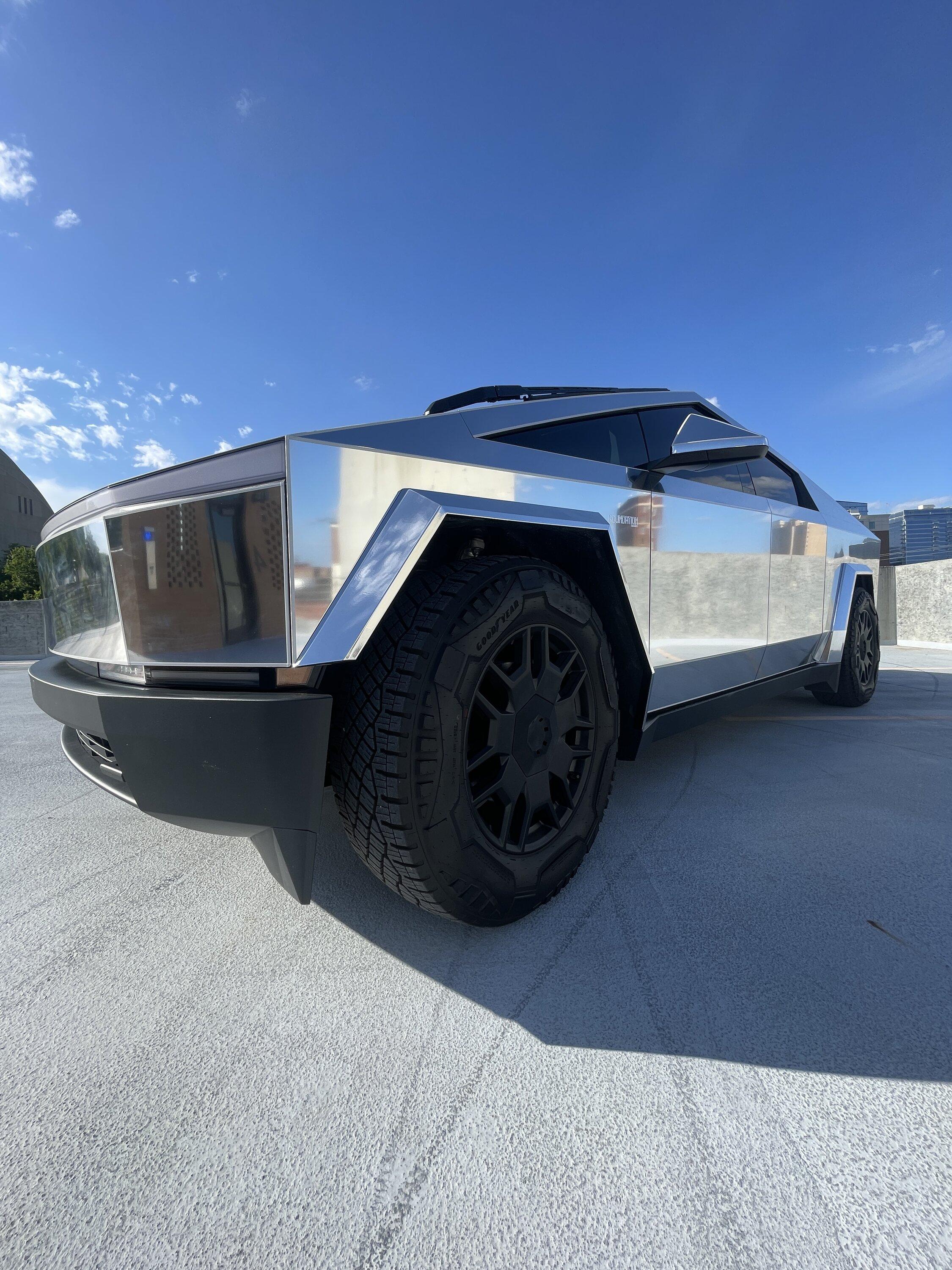 Tesla Cybertruck Chrome Wrap & Tron Reflective Pinstripes - night time pics IMG_7307
