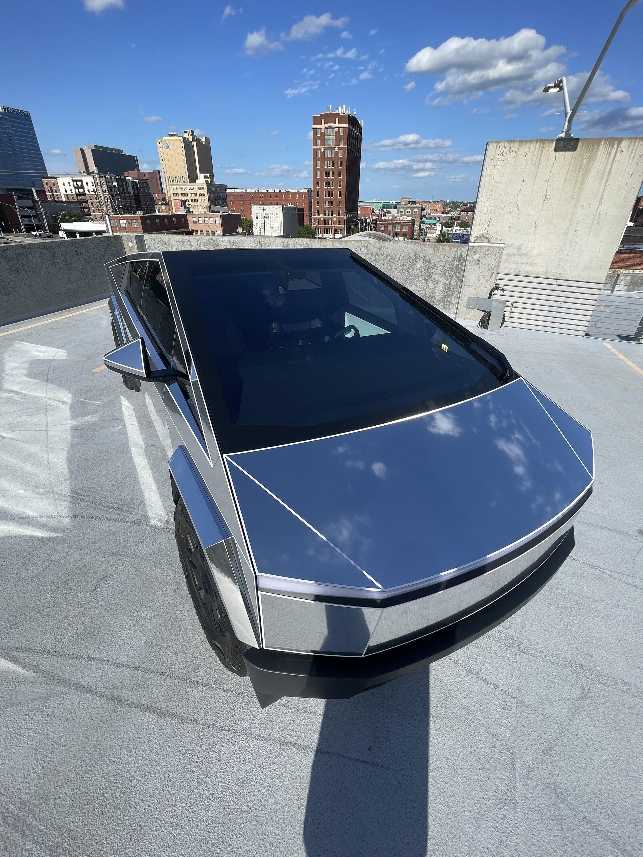 Tesla Cybertruck Chrome Wrap & Tron Reflective Pinstripes - night time pics IMG_7301