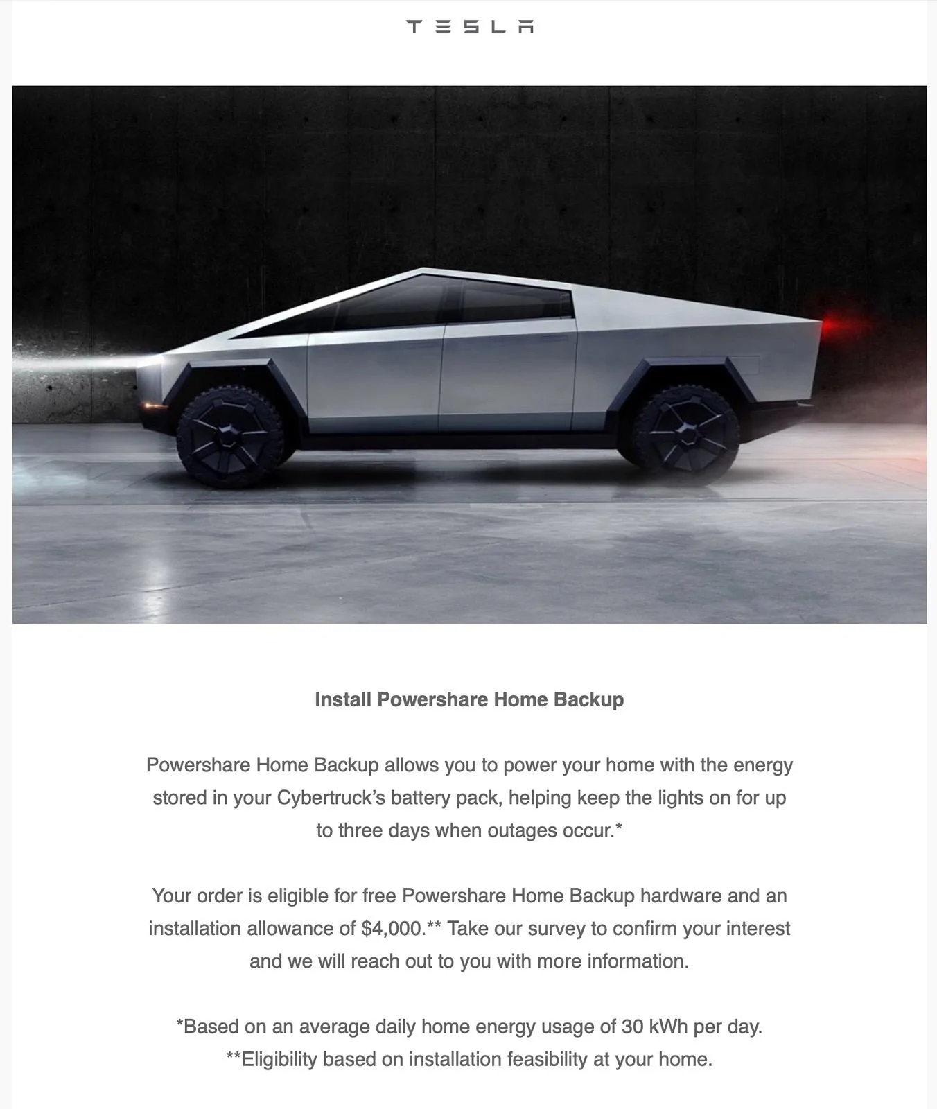 Tesla Cybertruck Tesla changed the Powershare benefit for FS CT orders - from $4000 credit to $2500 voucher Image 5-28-24 at 9.10 AM
