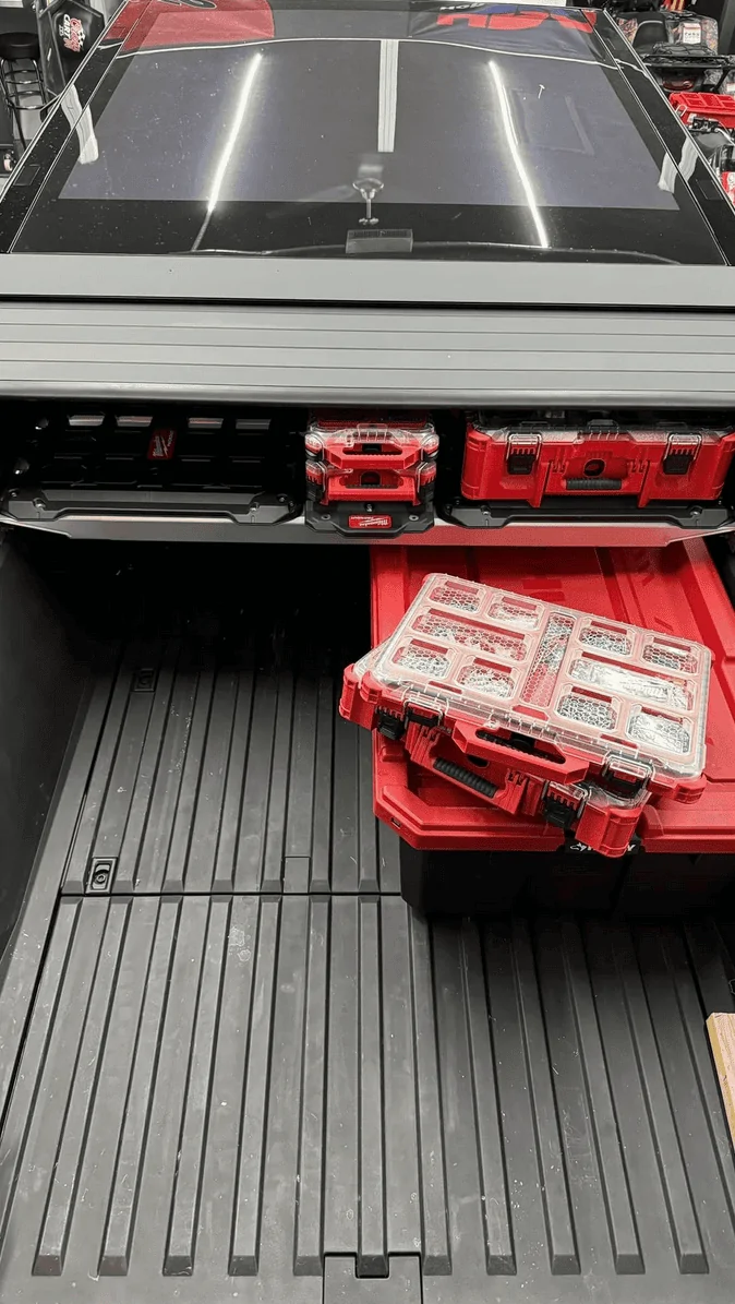 Tesla Cybertruck Milwaukee Packout build with toolbox shelf in bed vault 🧰 Screen Shot 2024-05-30 at 11.22.45 PM