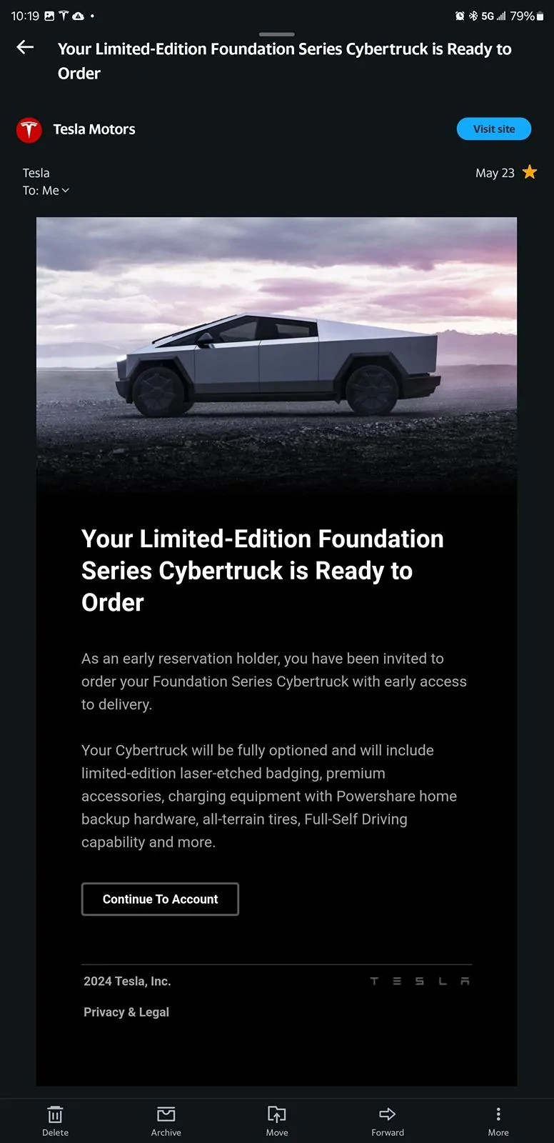 Tesla Cybertruck Early delivery of Foundation Series Cybertruck now available to long-term verified TSLA shareholder! Screenshot_20240531_102008_Yahoo Mail